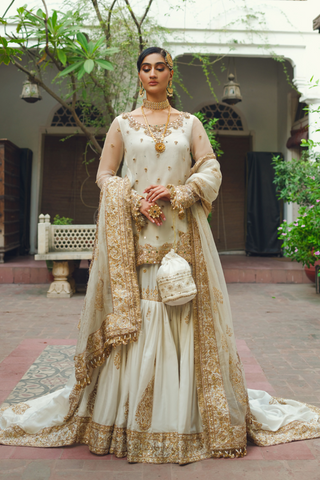Ivory Gold Embroidered Silk Sharara (3-Piece) - Image 2