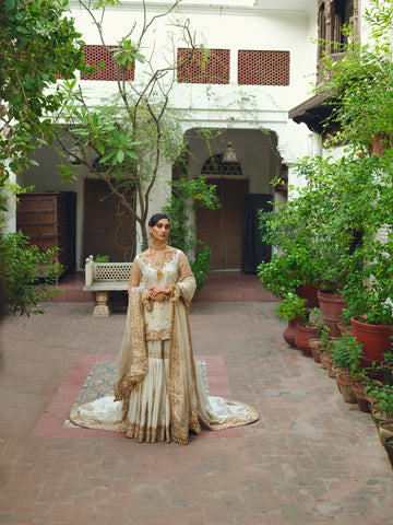 Ivory Gold Embroidered Silk Sharara (3-Piece) - Image 4