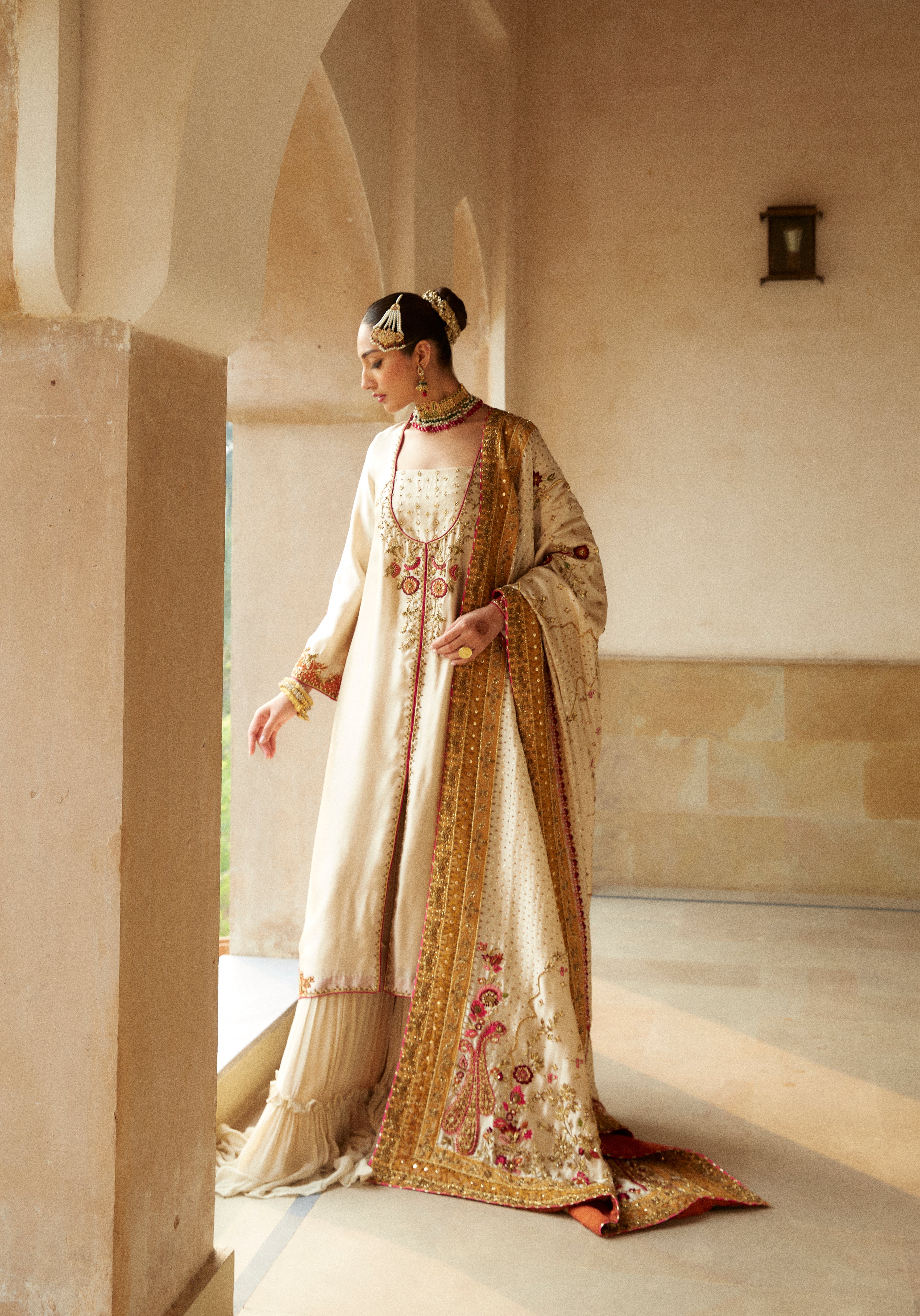 Ivory Embellished Tissue Silk Sharara (3-Piece) - Image 1
