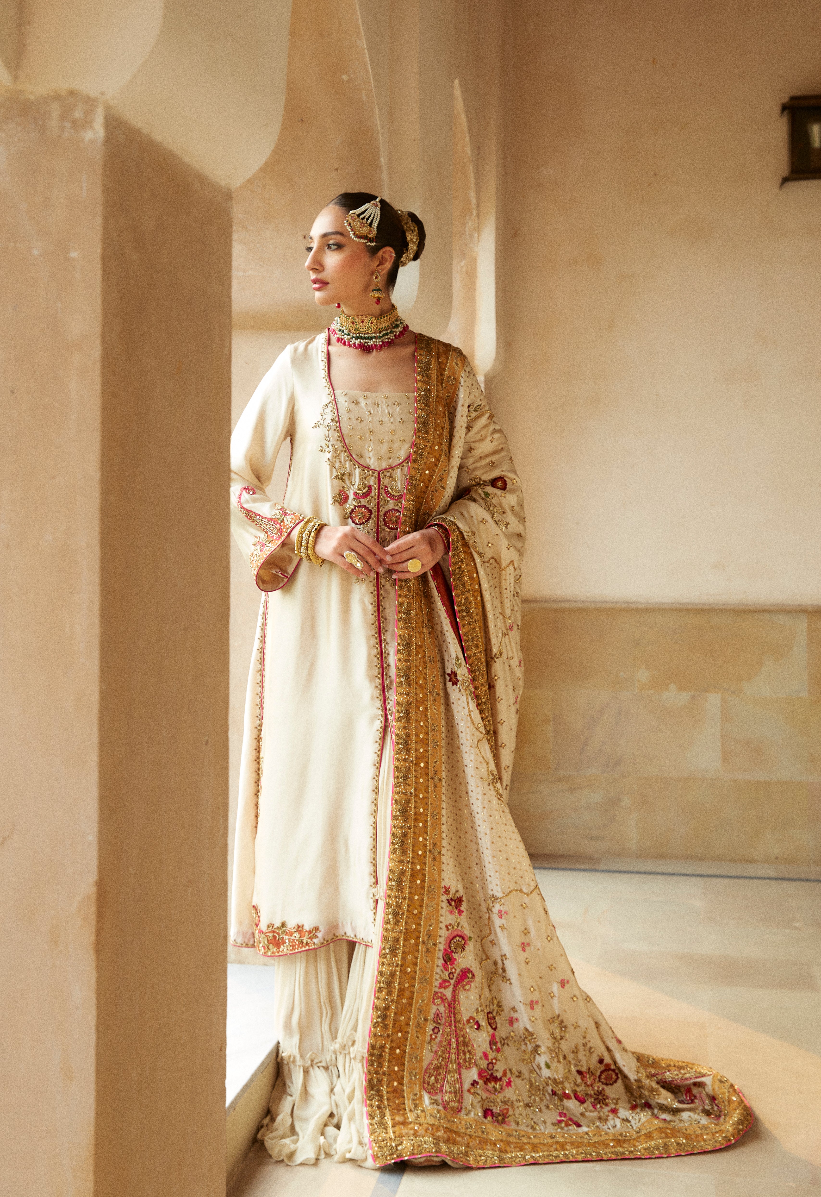 Ivory Embellished Tissue Silk Sharara (3-Piece) - Image 2