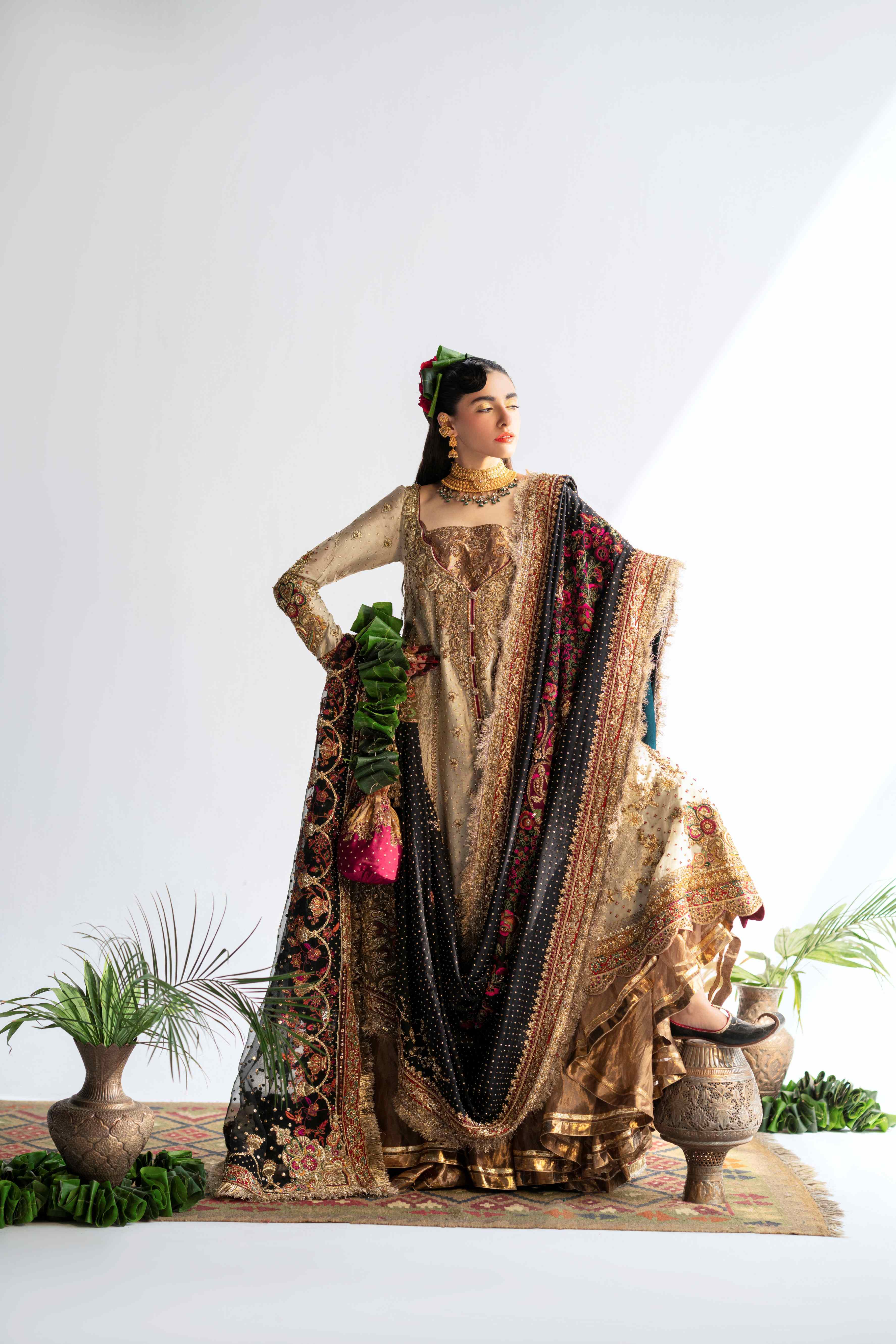 Ivory Hand-Embroidered Tissue Silk Bridal Sharara (3-Piece) - Image 1