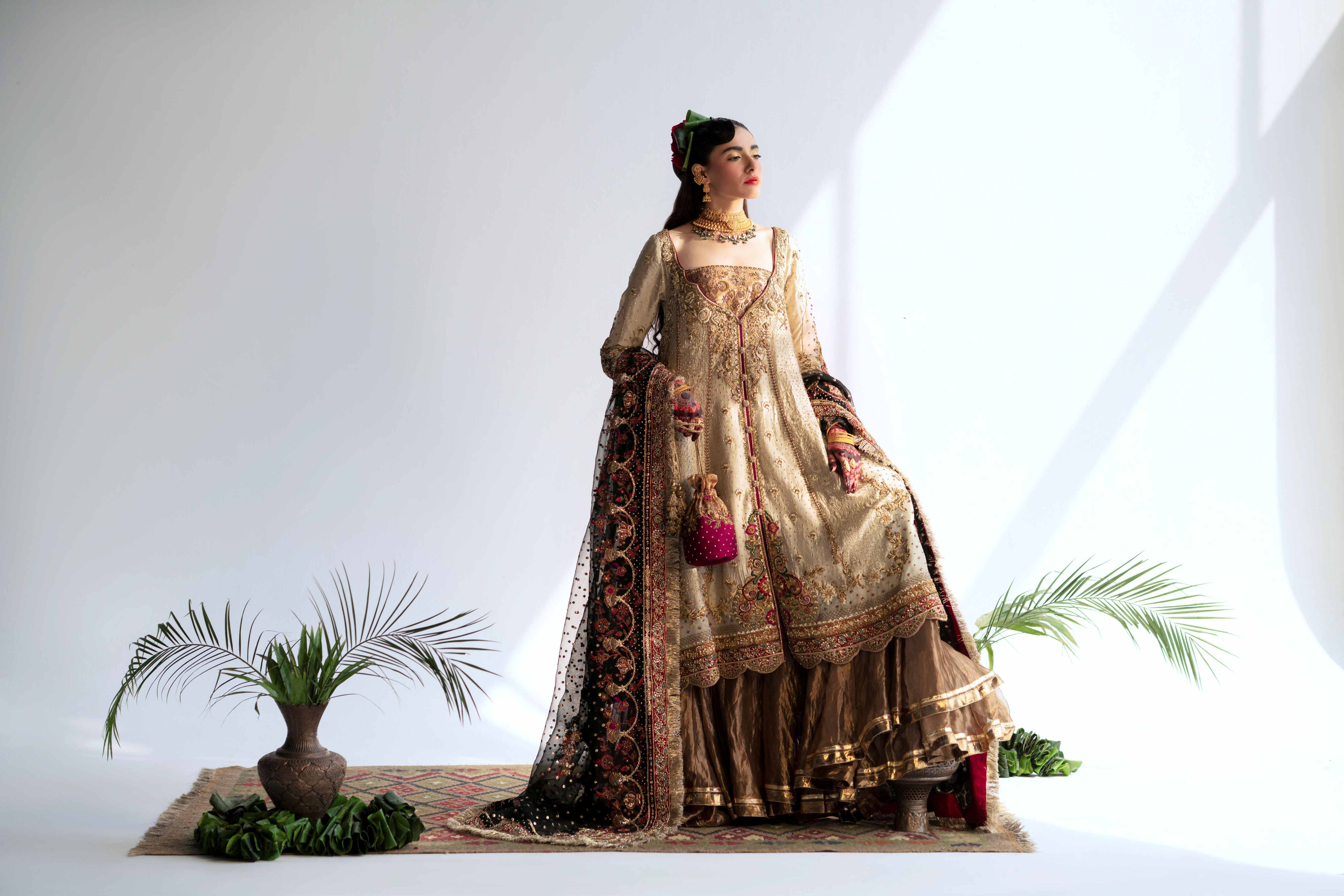 Ivory Hand-Embroidered Tissue Silk Bridal Sharara (3-Piece) - Image 4