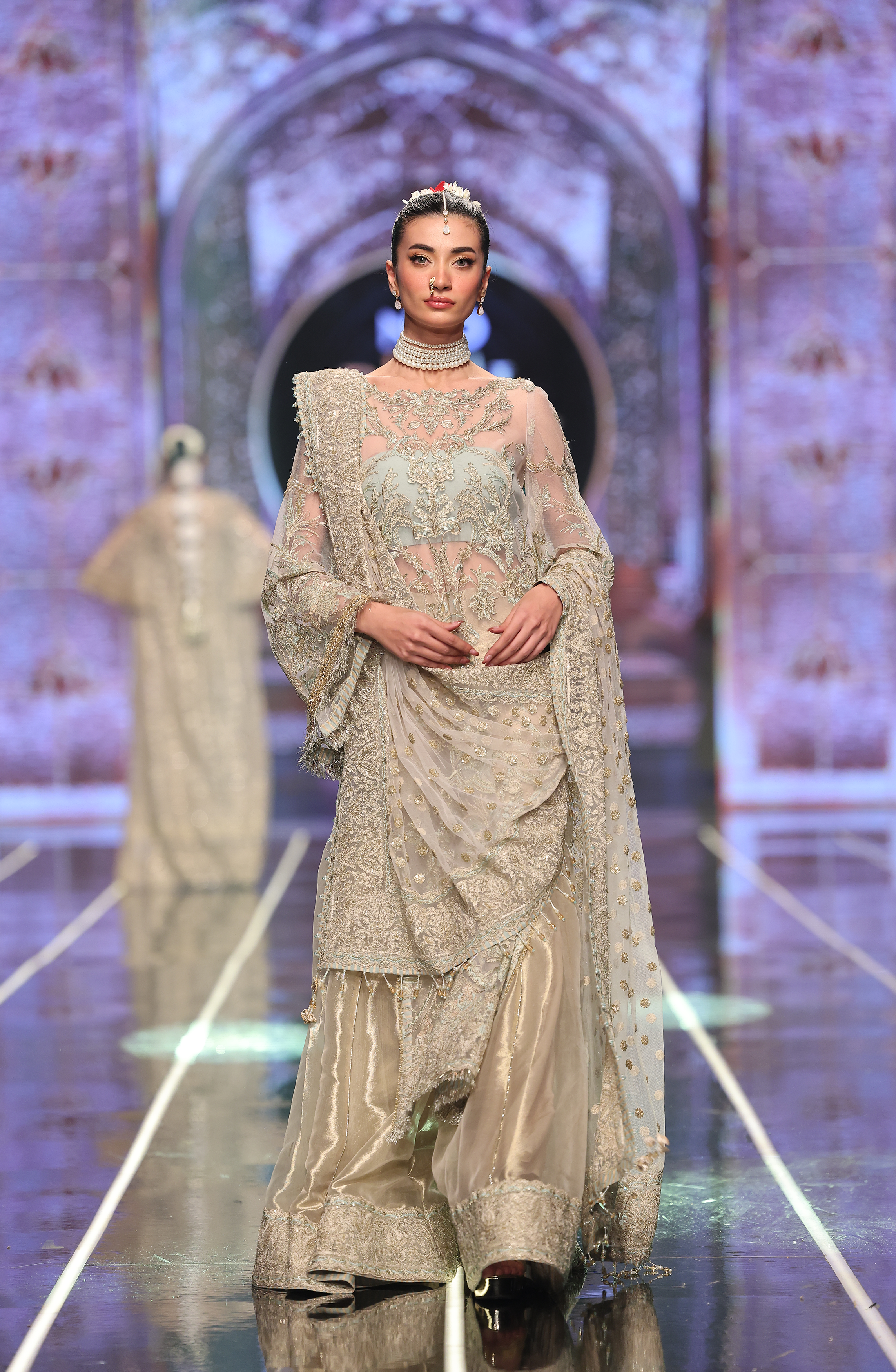 Pakistani Ivory Light Teal Embroidered Net Sharara Dress (3-Piece) - Image 2