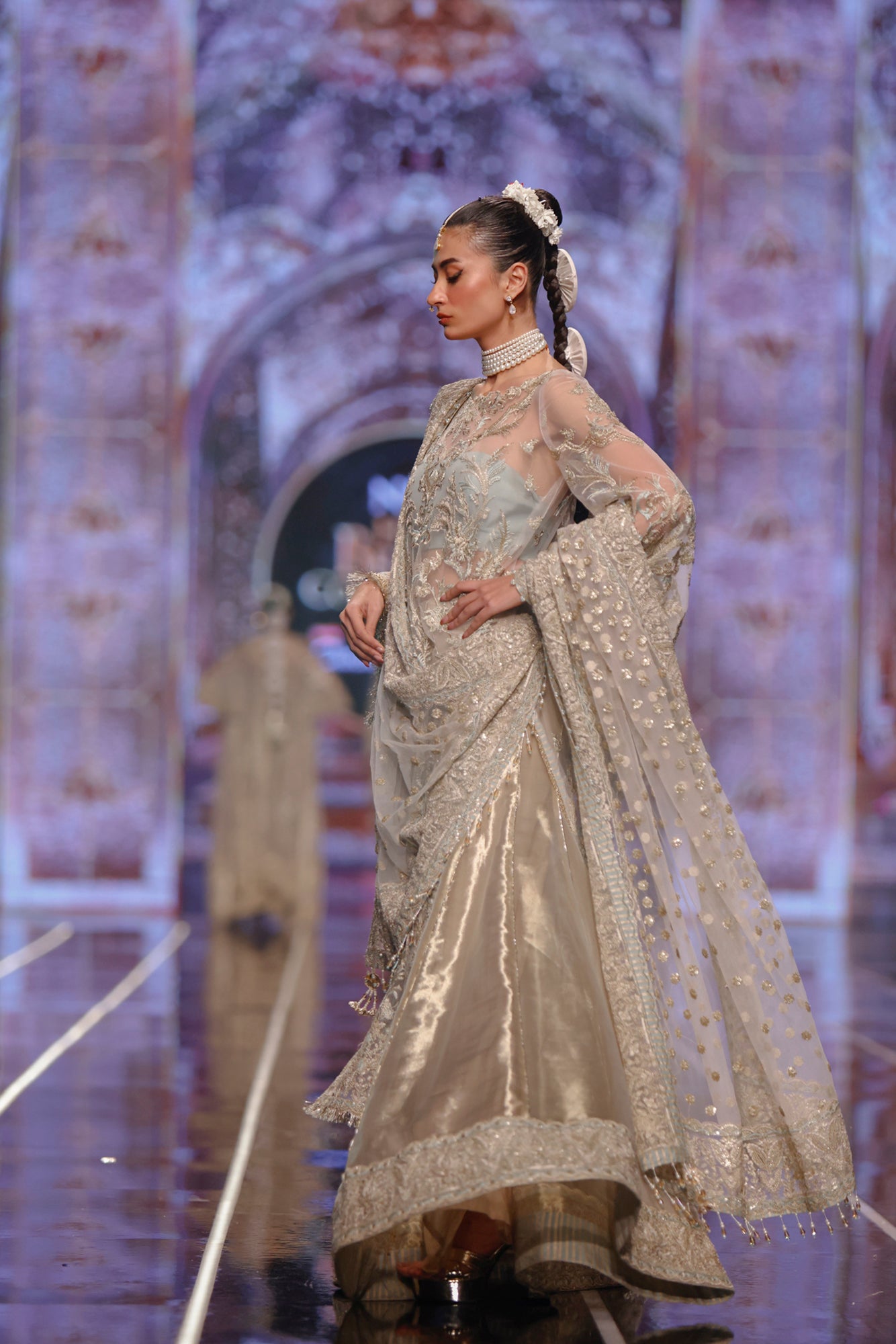 Pakistani Ivory Light Teal Embroidered Net Sharara Dress (3-Piece) - Image 3