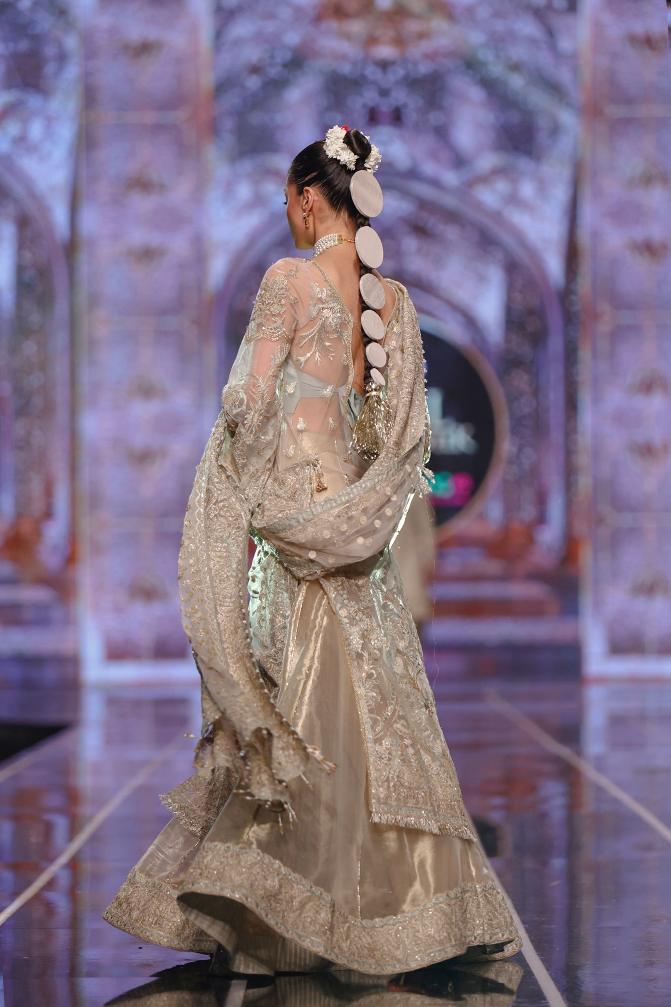 Pakistani Ivory Light Teal Embroidered Net Sharara Dress (3-Piece) - Image 4