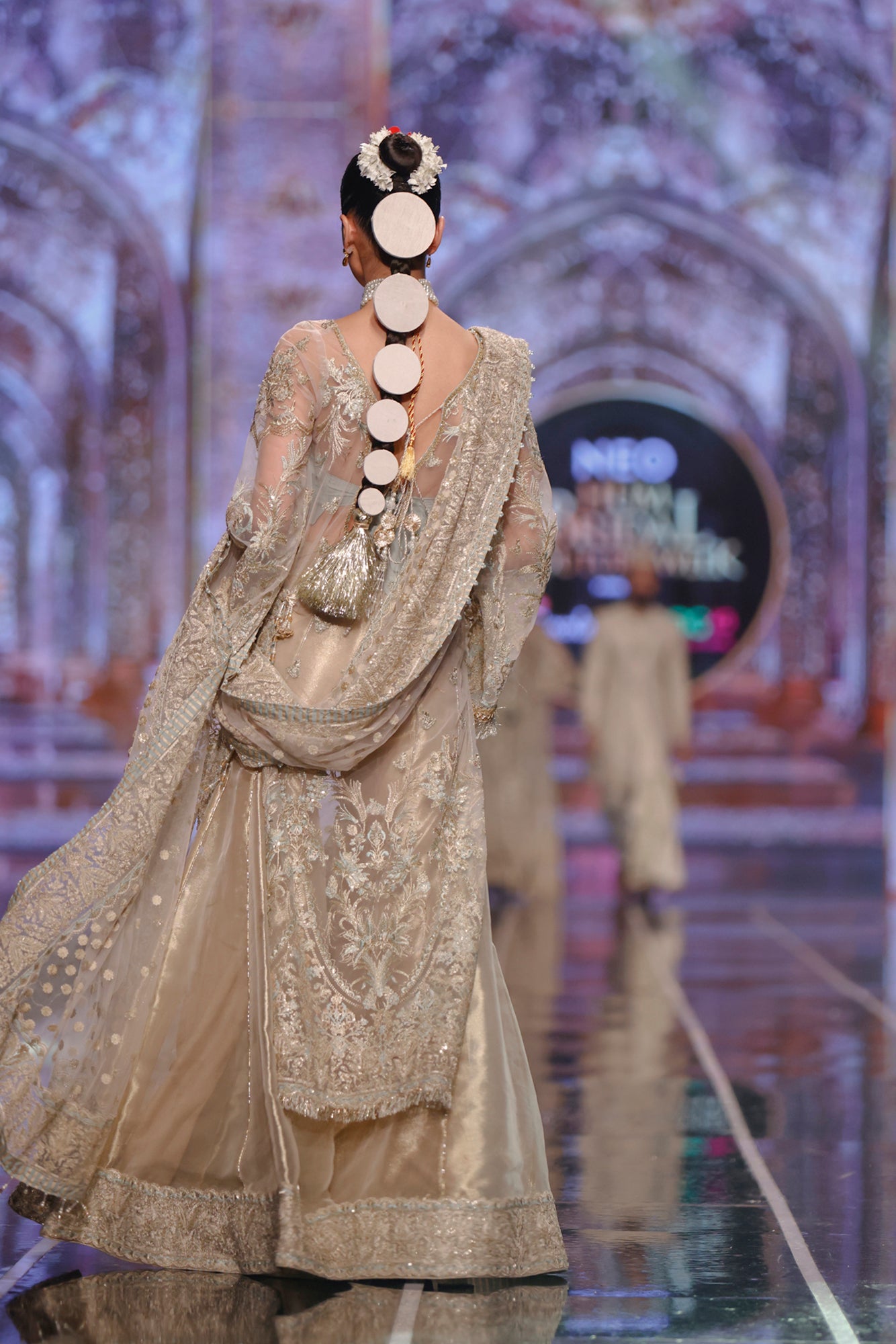 Pakistani Ivory Light Teal Embroidered Net Sharara Dress (3-Piece) - Image 5