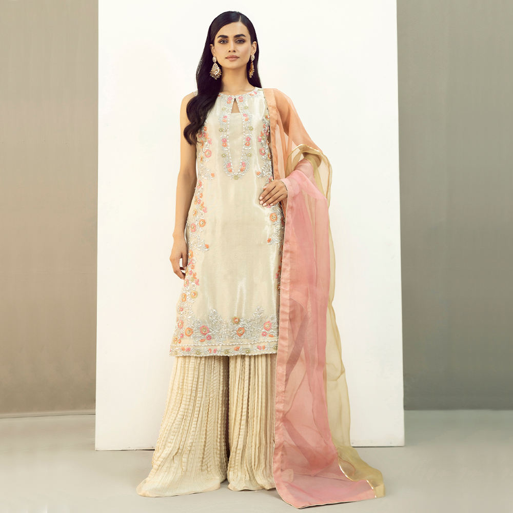 Pakistani Ivory Tilla Embroidered Zari Tissue Sharara (3-Piece) - Image 1