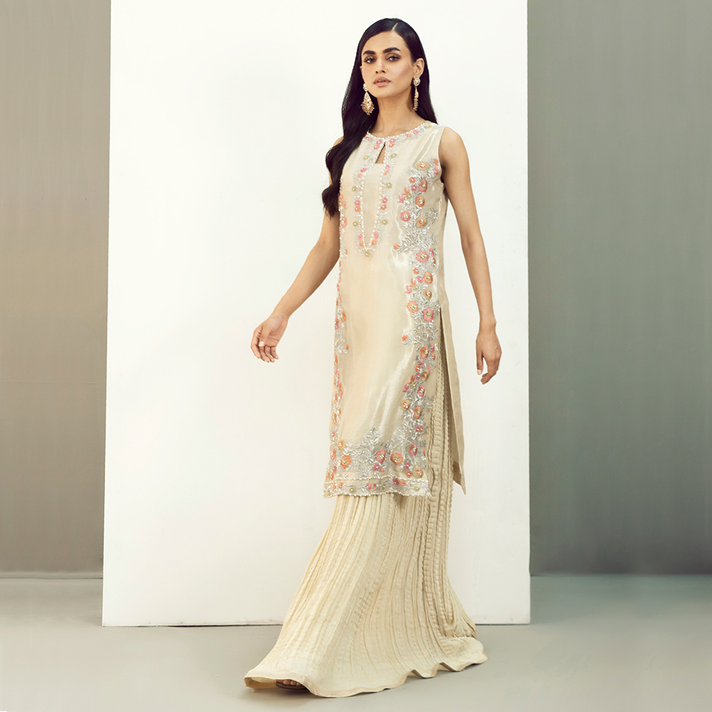 Pakistani Ivory Tilla Embroidered Zari Tissue Sharara (3-Piece) - Image 2