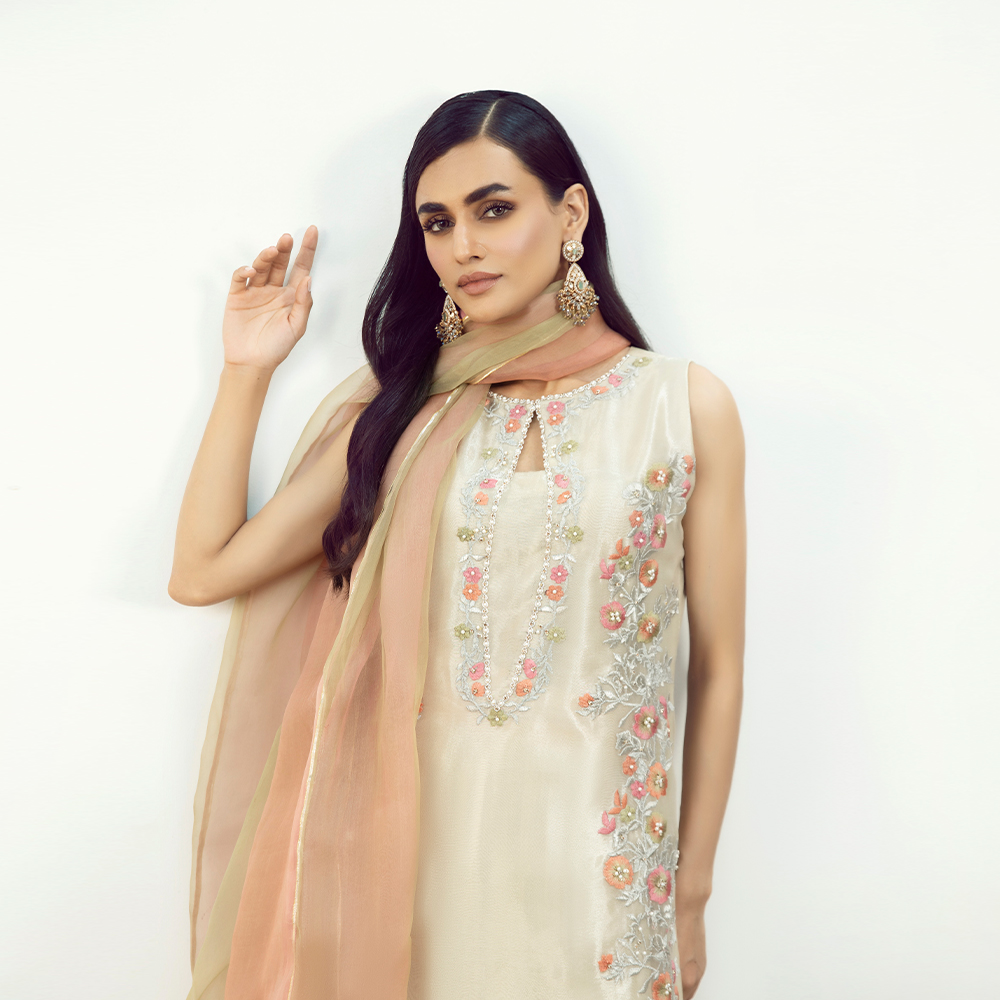 Pakistani Ivory Tilla Embroidered Zari Tissue Sharara (3-Piece) - Image 3