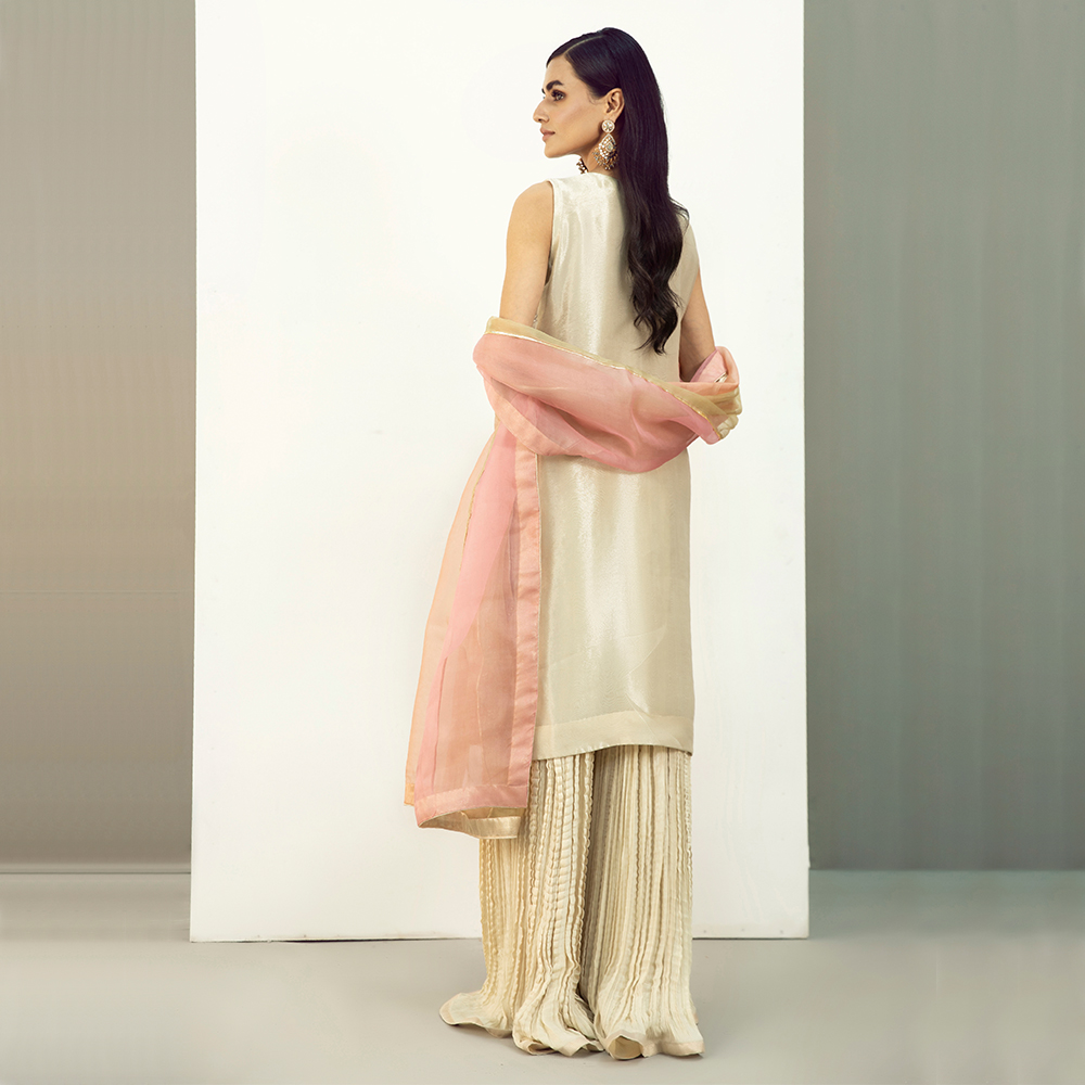 Pakistani Ivory Tilla Embroidered Zari Tissue Sharara (3-Piece) - Image 4