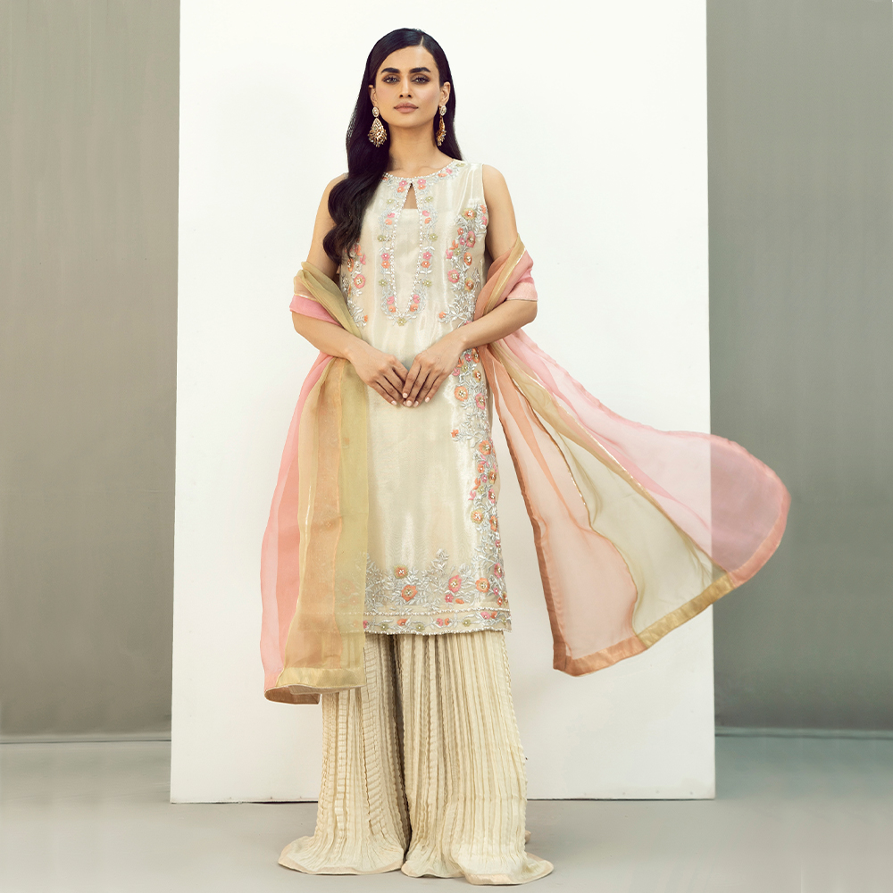 Pakistani Ivory Tilla Embroidered Zari Tissue Sharara (3-Piece) - Image 5