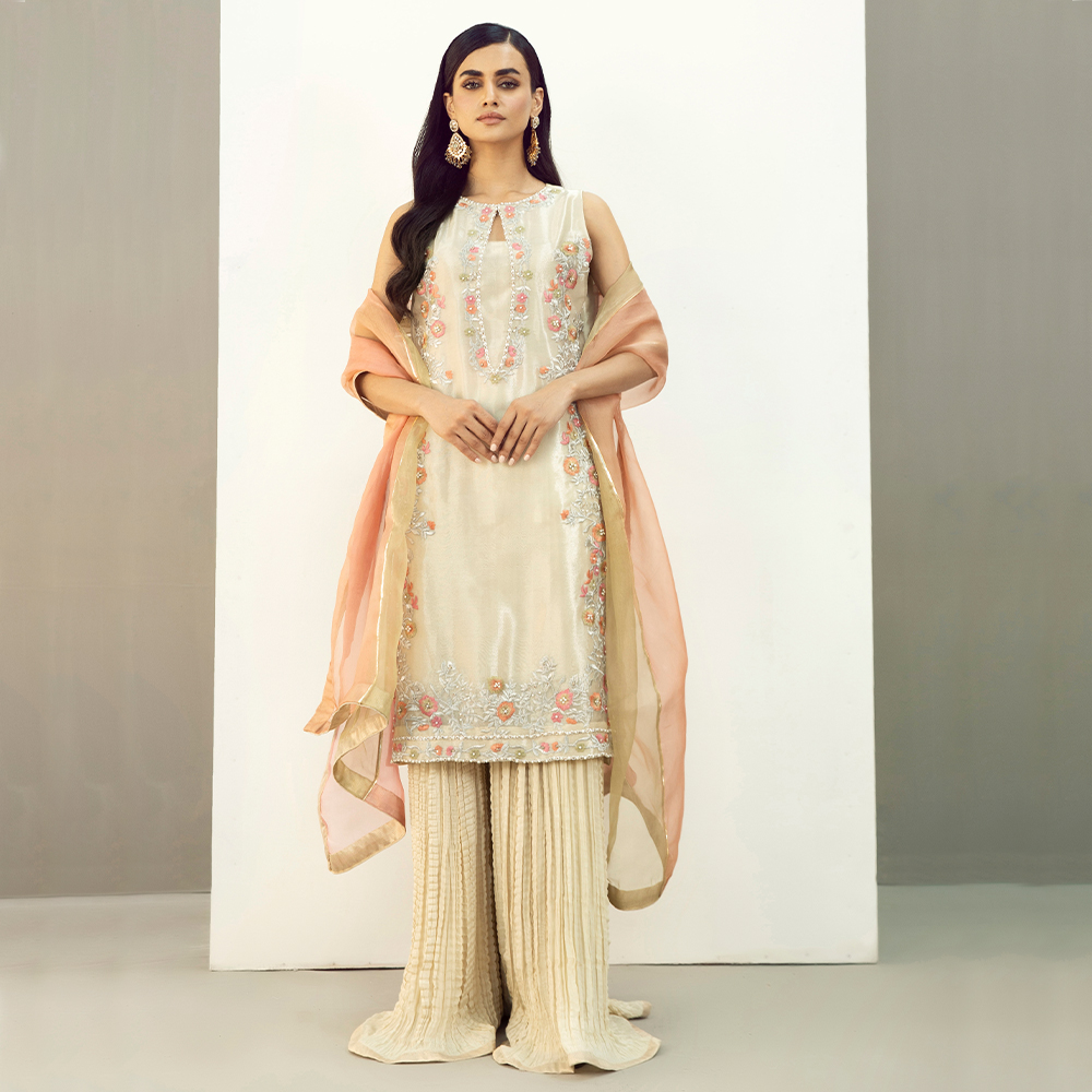 Pakistani Ivory Tilla Embroidered Zari Tissue Sharara (3-Piece) - Image 6