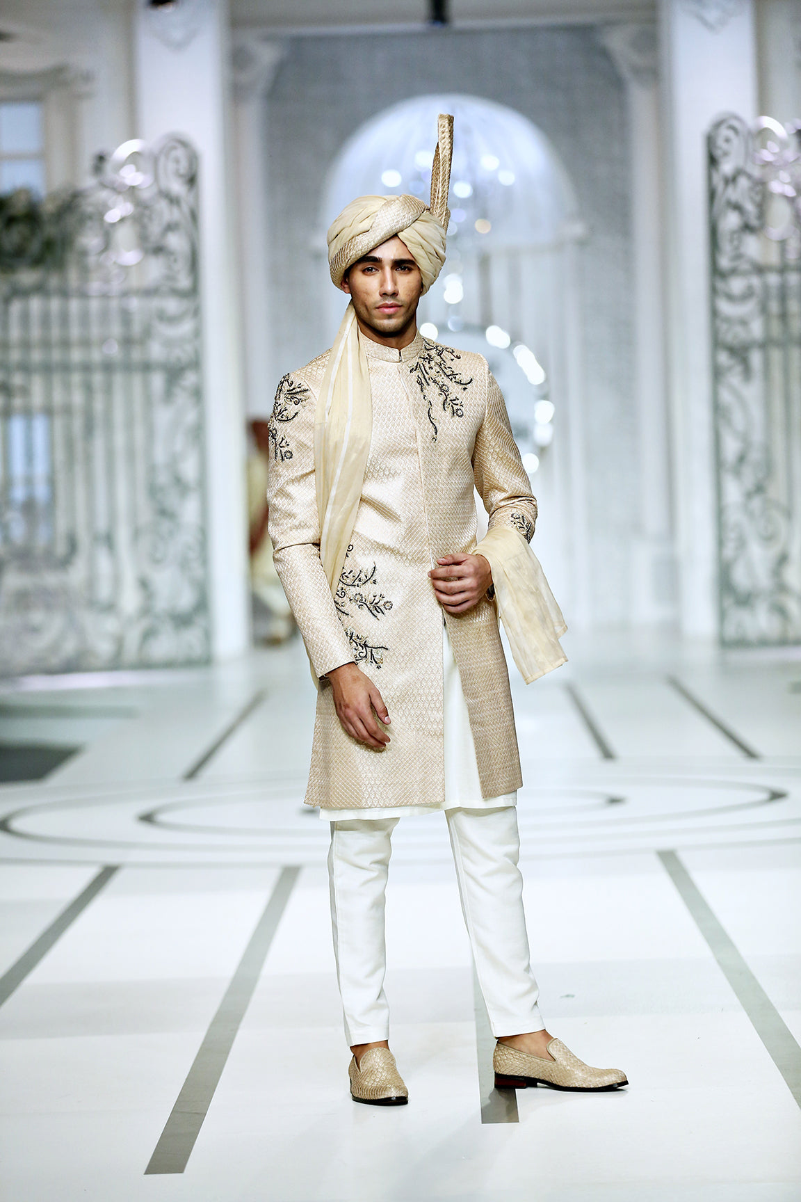 Ivory Banarsi Sherwani with Black Thread Embroidery (3-Piece) - Image 1