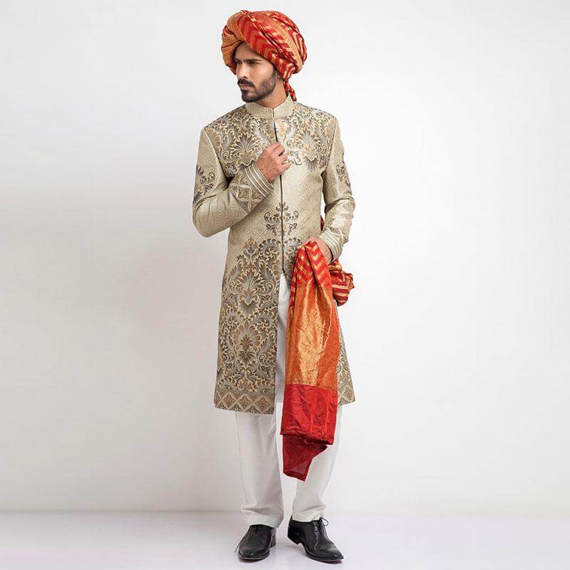 Ecru Grey Brocade Groom Sherwani (3-Piece) - Image 1