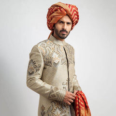 Ecru Grey Brocade Groom Sherwani (3-Piece) - Image 3
