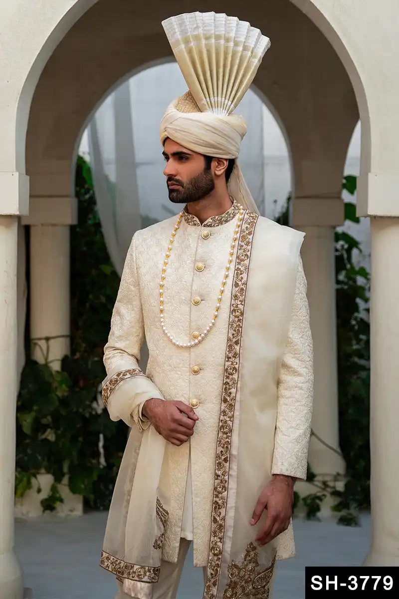 Off-White Sequined Brocade Sherwani Set (6-Piece) - Image 1