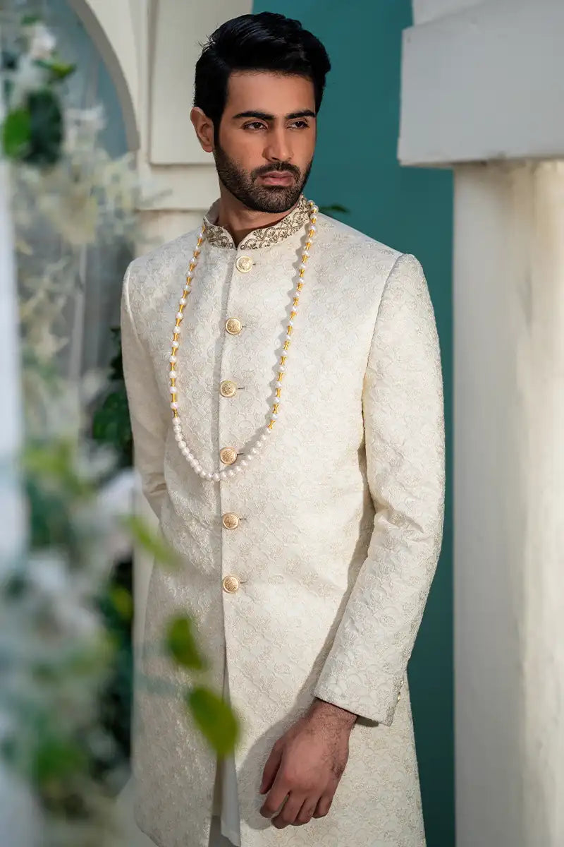 Off-White Sequined Brocade Sherwani Set (6-Piece) - Image 2