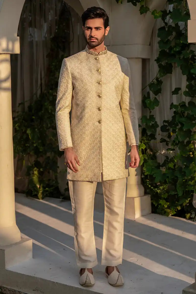 Off-White Sequined Brocade Sherwani Set (6-Piece) - Image 3