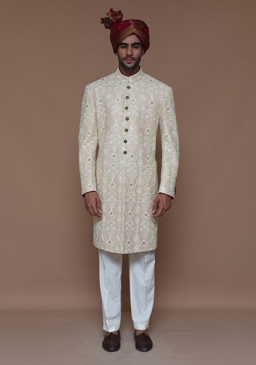 Cream Embroidered Cotton Net Groom Sherwani (2-Piece) - Image 1