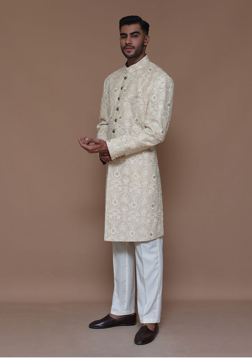 Cream Embroidered Cotton Net Groom Sherwani (2-Piece) - Image 3