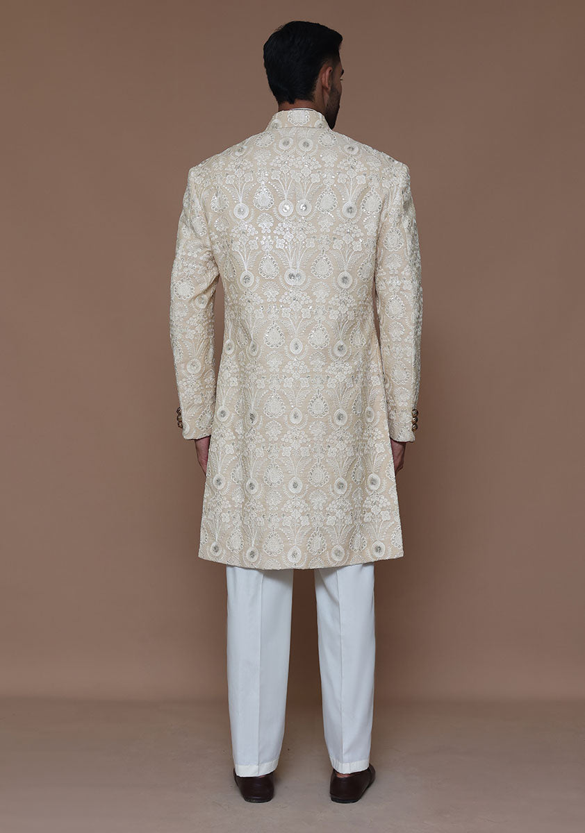 Cream Embroidered Cotton Net Groom Sherwani (2-Piece) - Image 4