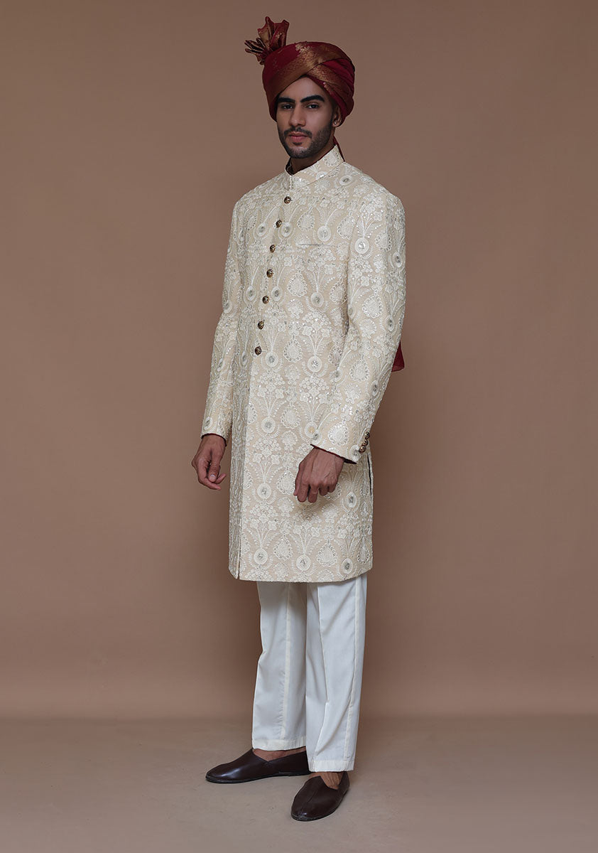 Cream Embroidered Cotton Net Groom Sherwani (2-Piece) - Image 5
