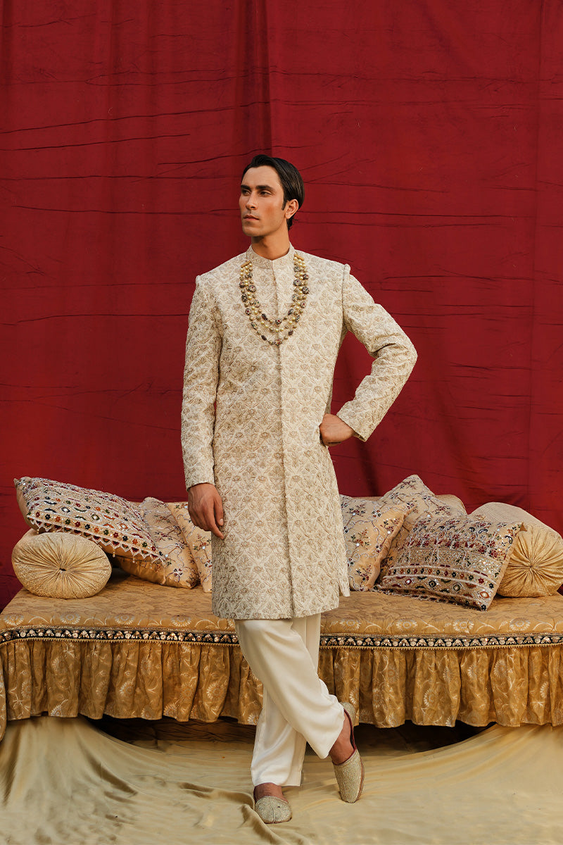 Ivory Jacquard Sherwani with Floral Tilla Embroidery (3-Piece) - Image 1