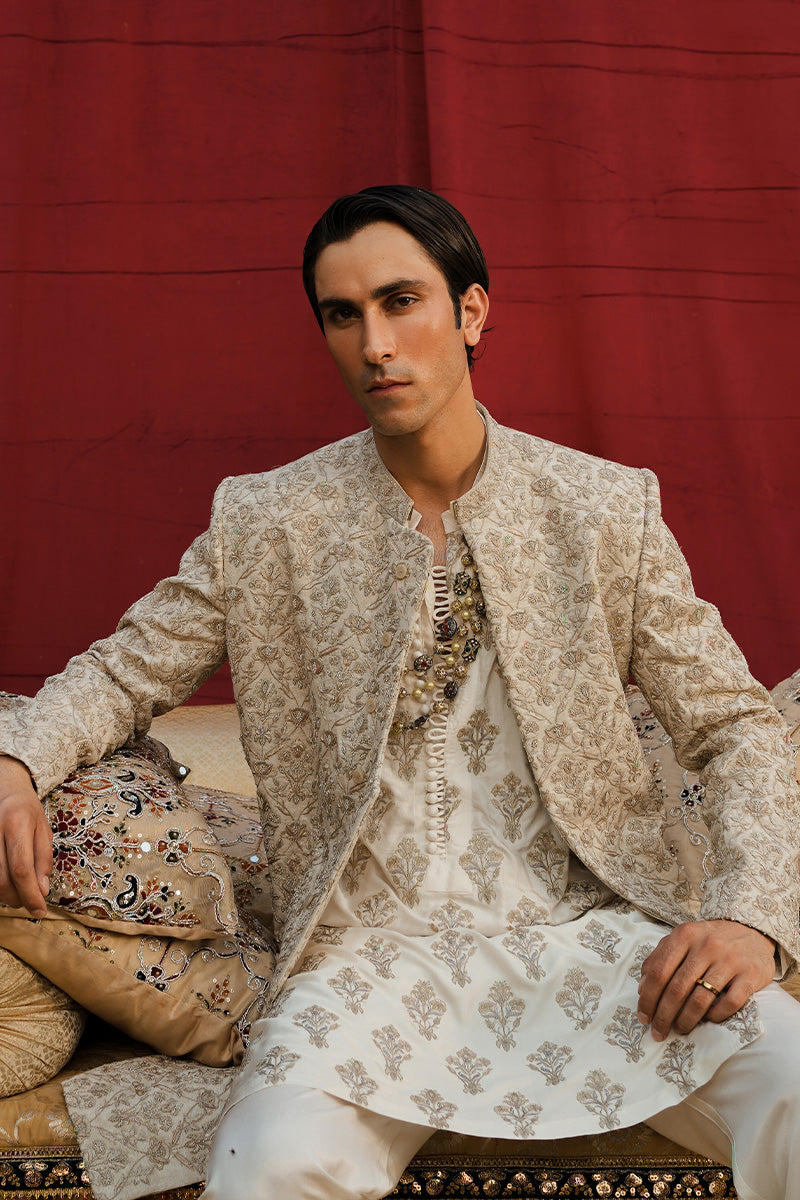 Ivory Jacquard Sherwani with Floral Tilla Embroidery (3-Piece) - Image 2