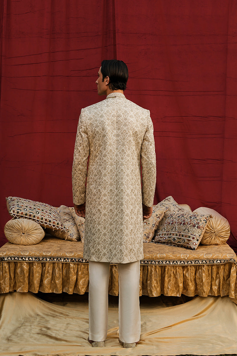 Ivory Jacquard Sherwani with Floral Tilla Embroidery (3-Piece) - Image 5