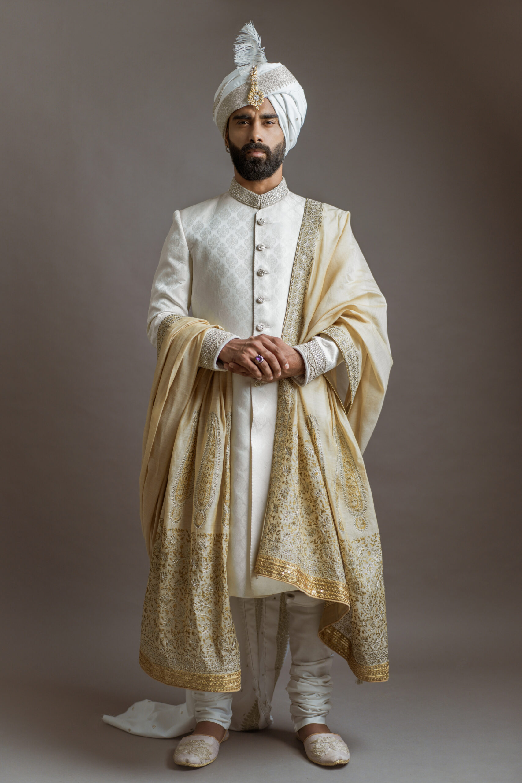 Cream Off-White Embroidered Jacquard Sherwani (3-Piece) - Image 1