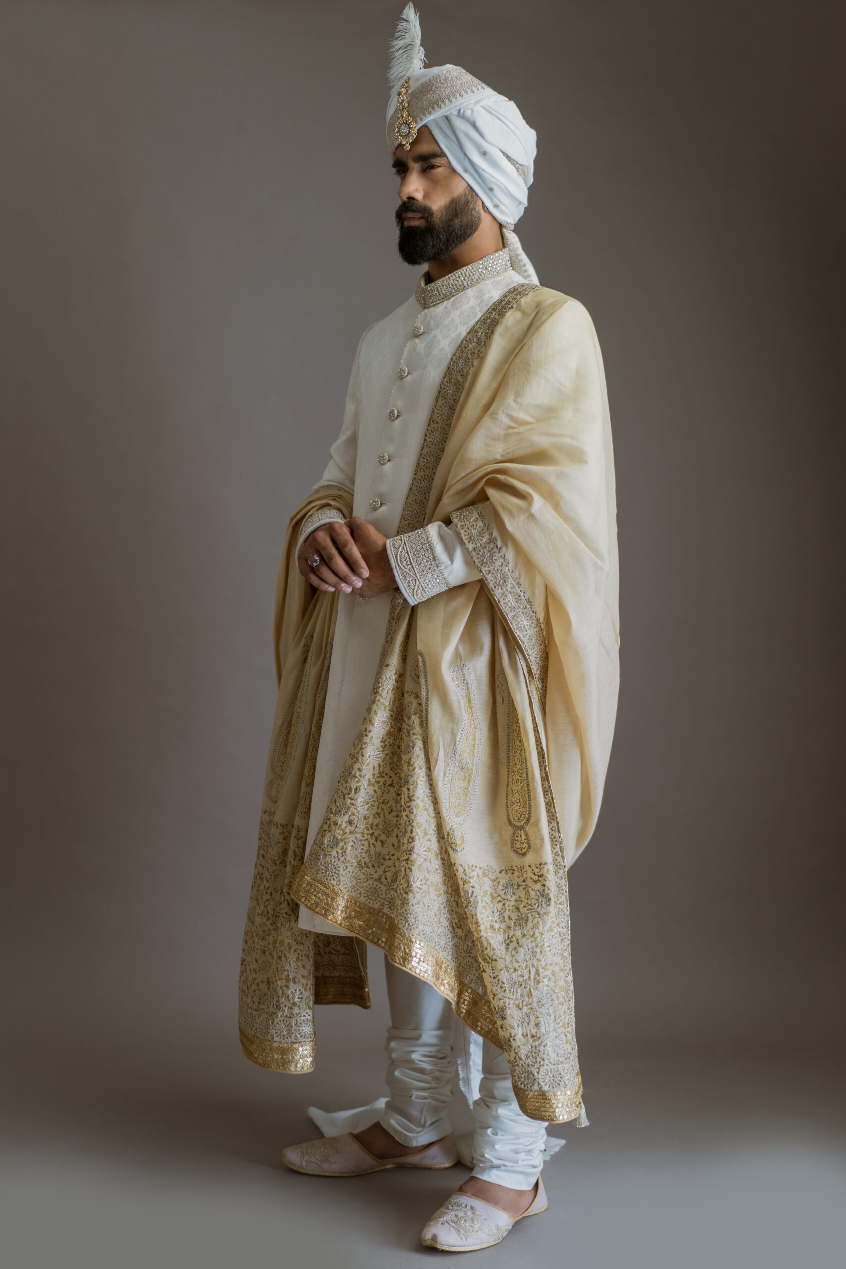 Cream Off-White Embroidered Jacquard Sherwani (3-Piece) - Image 2