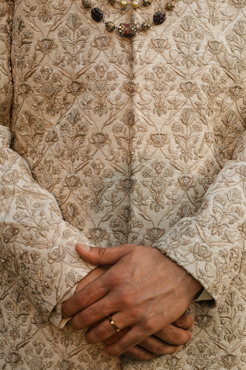 Ivory Floral Embroidered Jacquard Sherwani (2-Piece) - Image 1