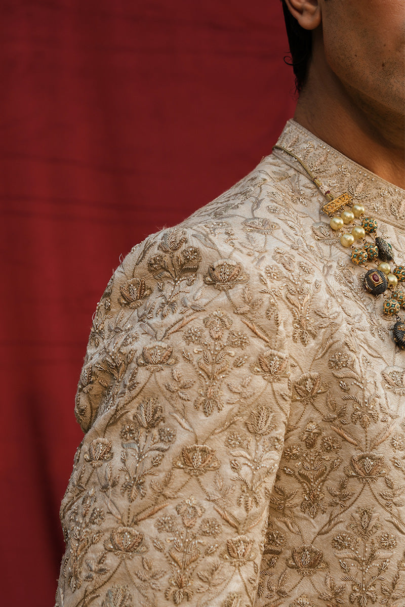 Ivory Floral Embroidered Jacquard Sherwani (2-Piece) - Image 7