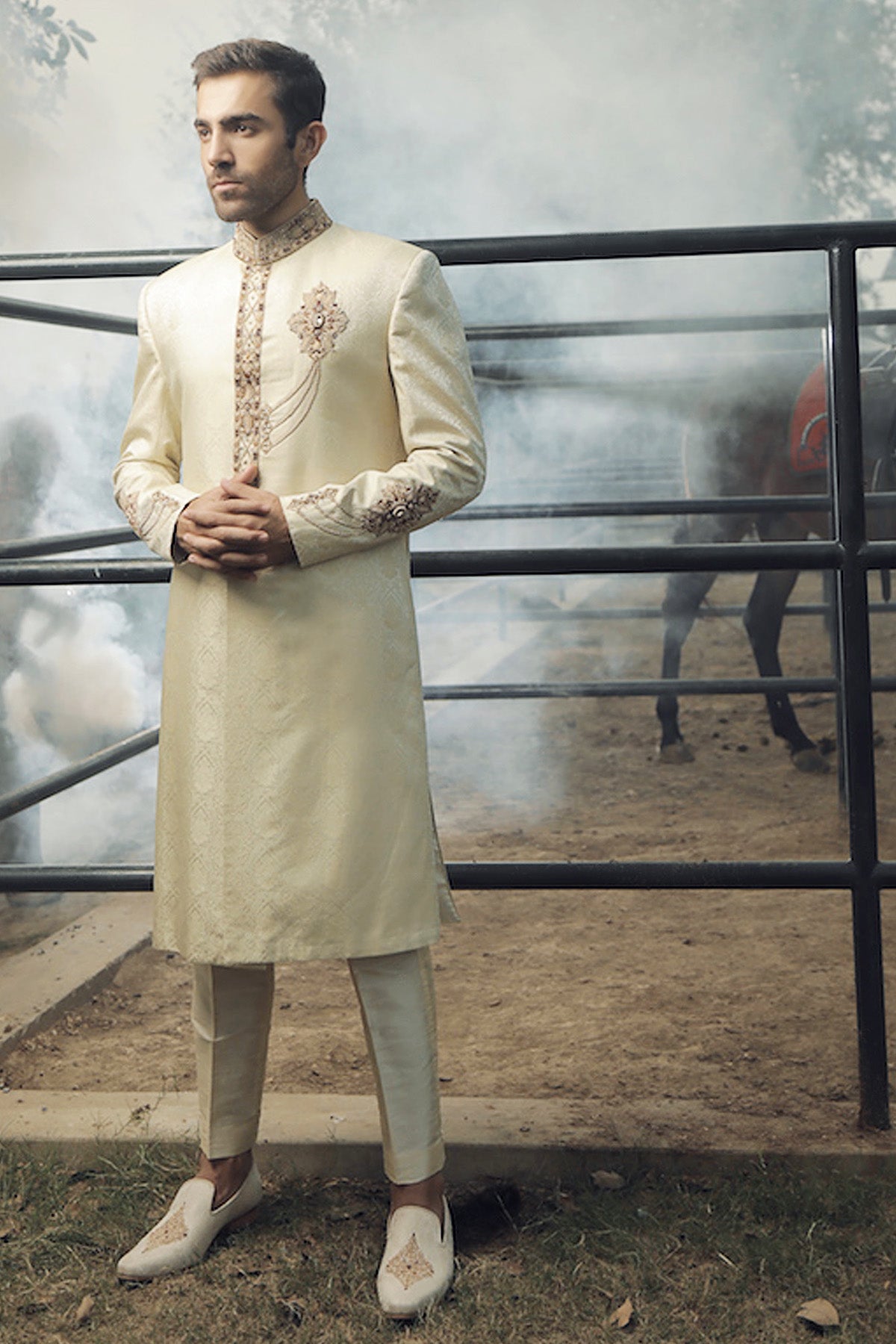 Ivory Hand Embroidered Jacquard Sherwani (2-Piece) - Image 1