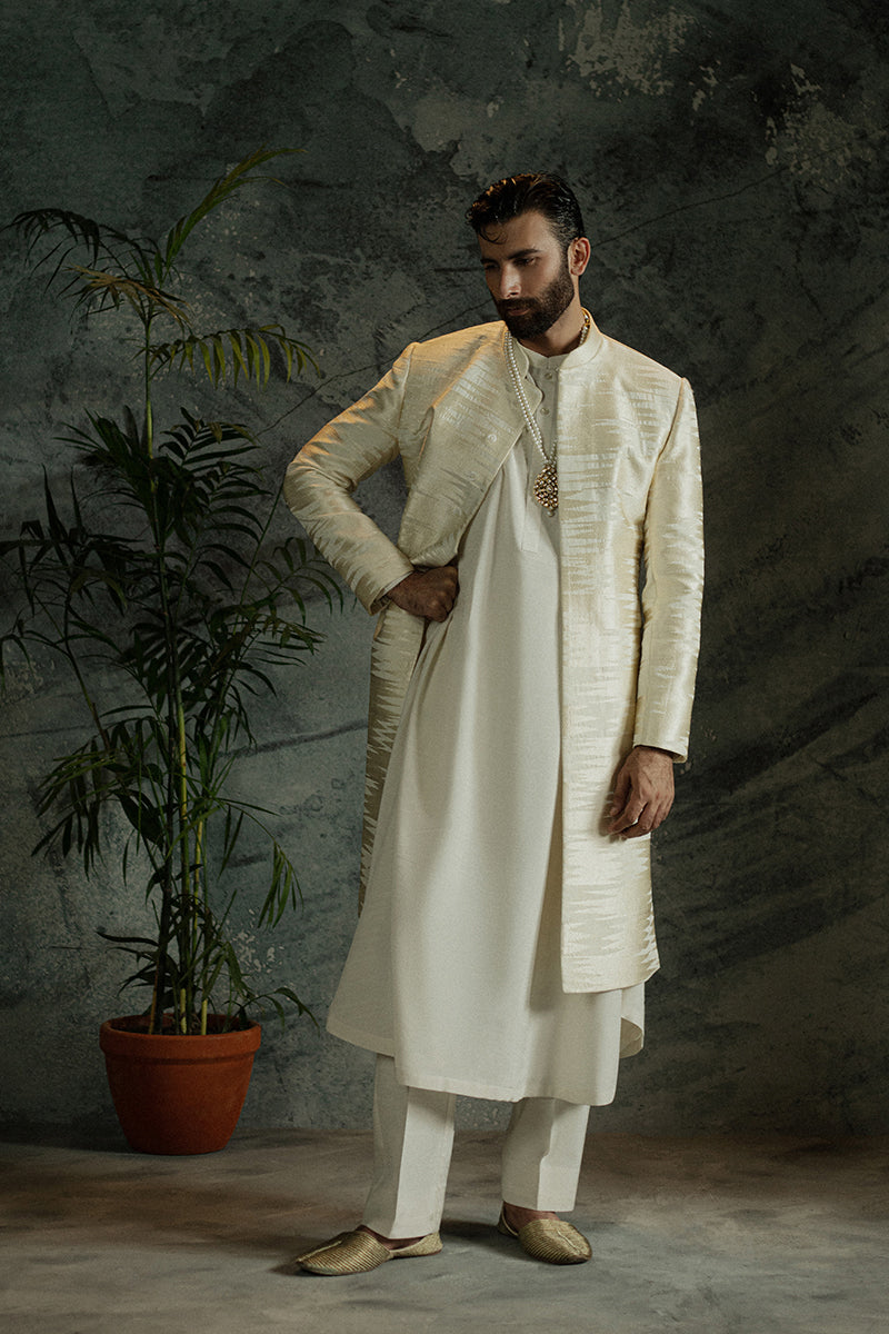 Ivory White Chevron Embroidered Jamawar Sherwani (2-Piece) - Image 6