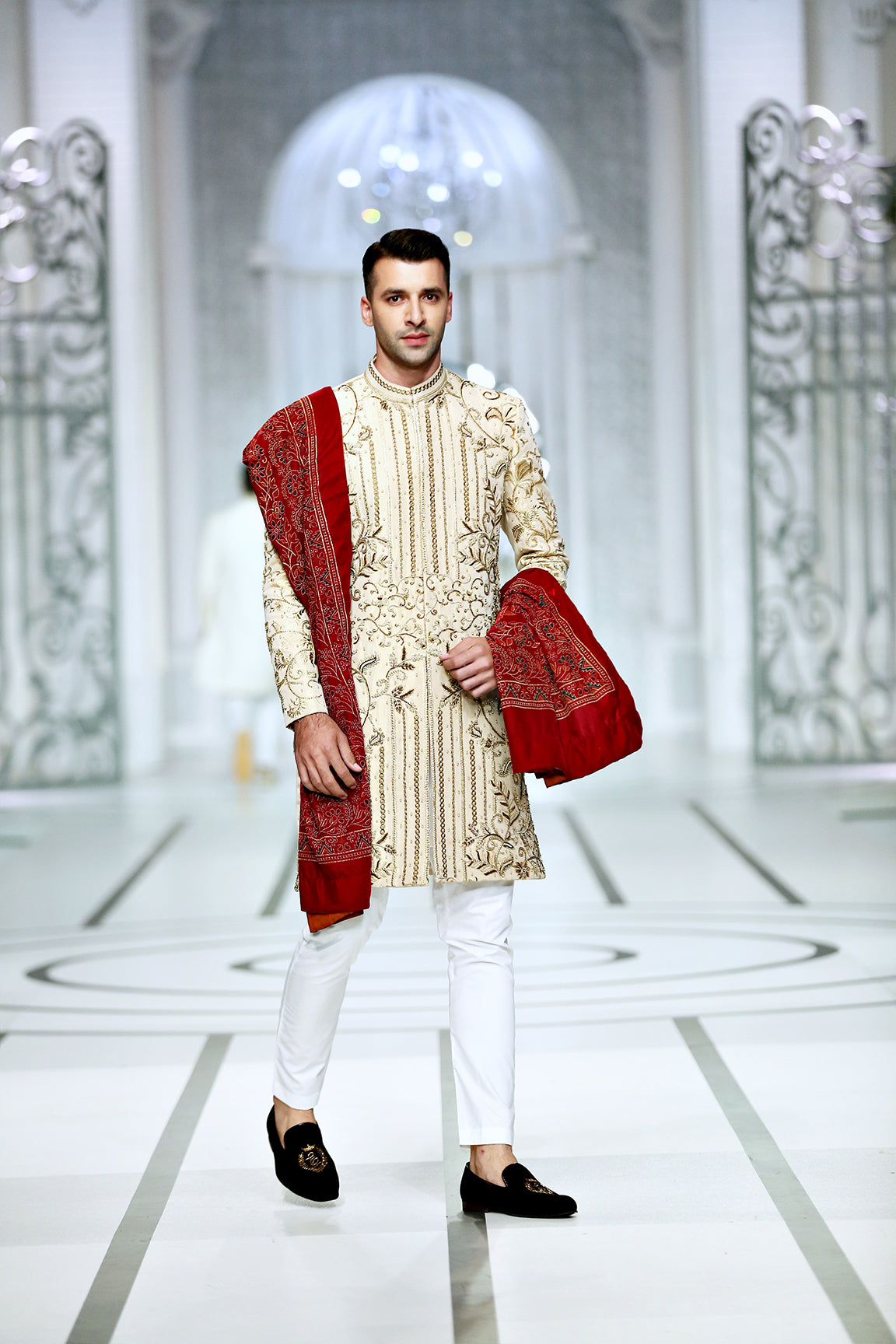 Ivory Gold Embroidered Silk-Blend Sherwani (3-Piece) - Image 1