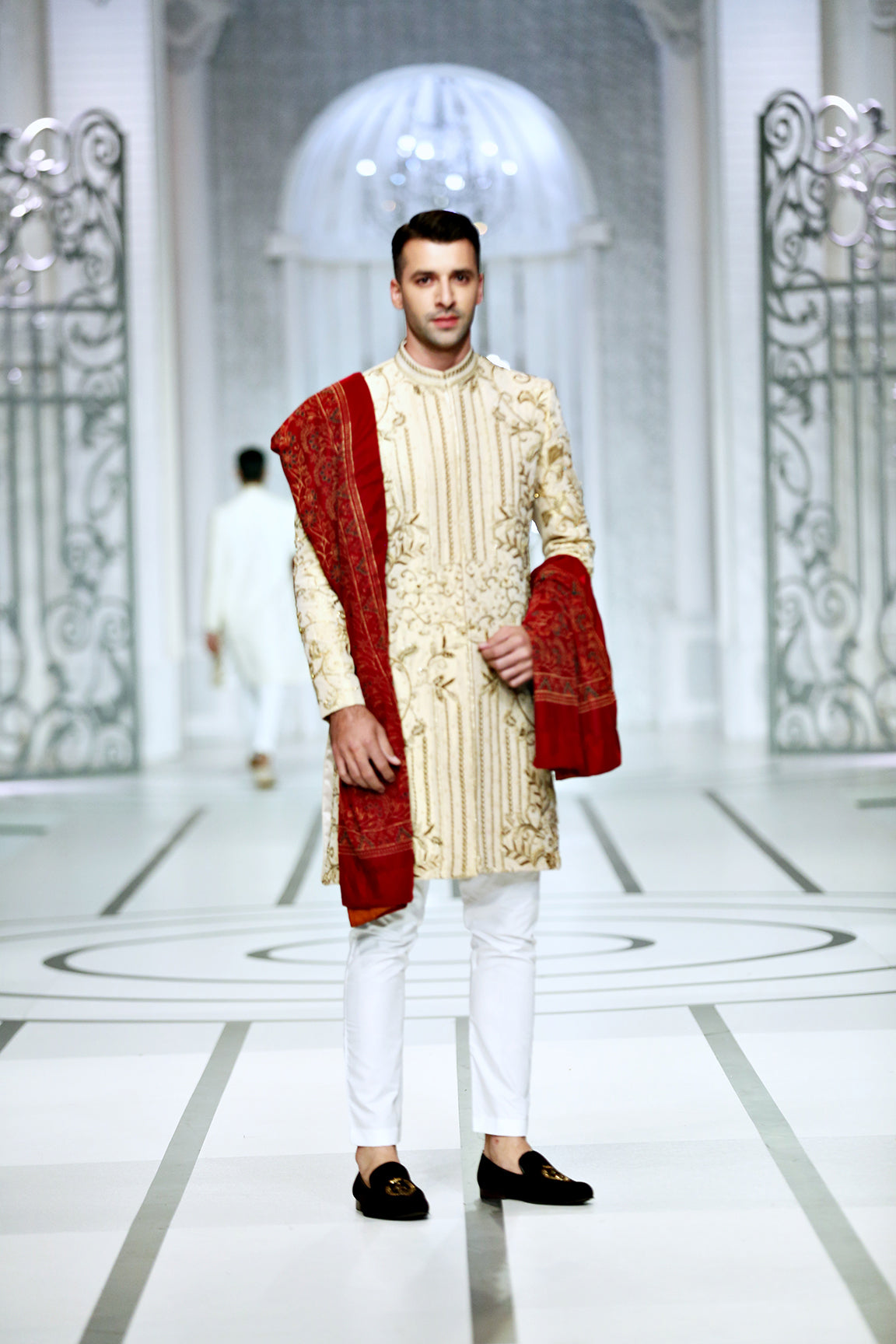 Ivory Gold Embroidered Silk-Blend Sherwani (3-Piece) - Image 2
