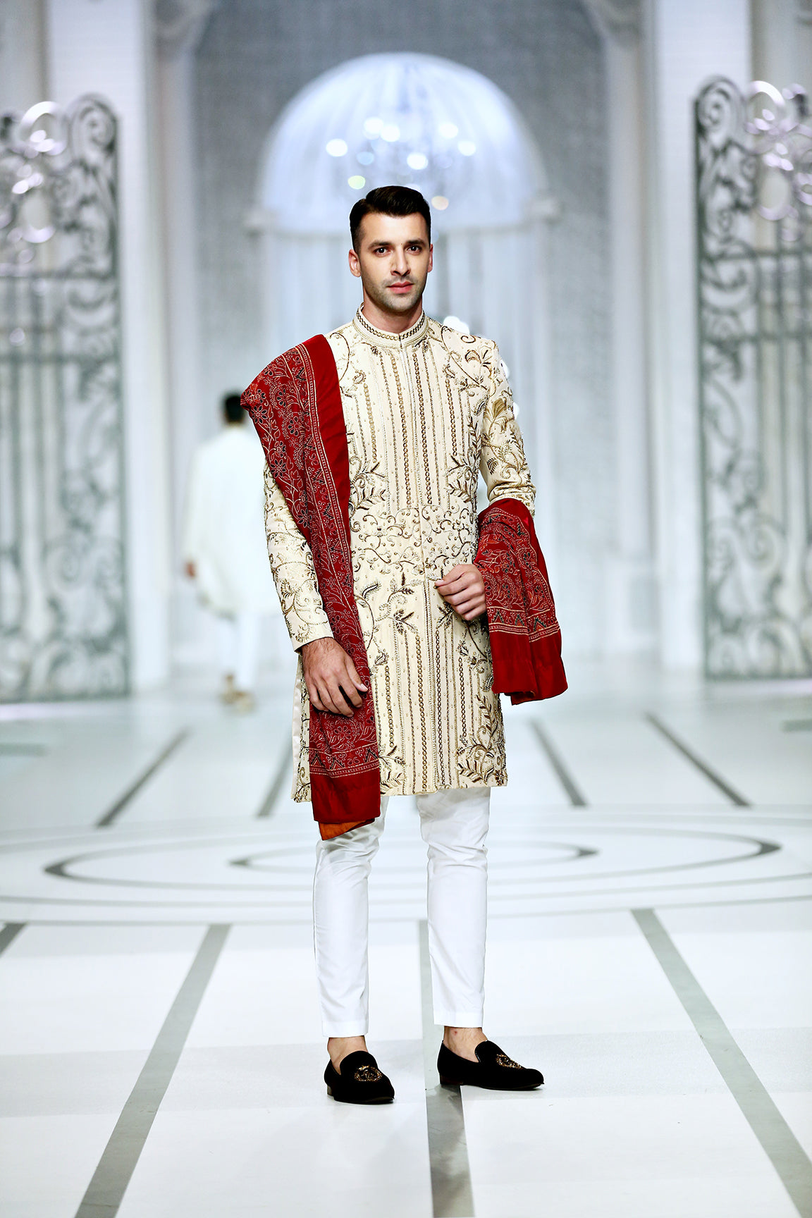 Ivory Gold Embroidered Silk-Blend Sherwani (3-Piece) - Image 3