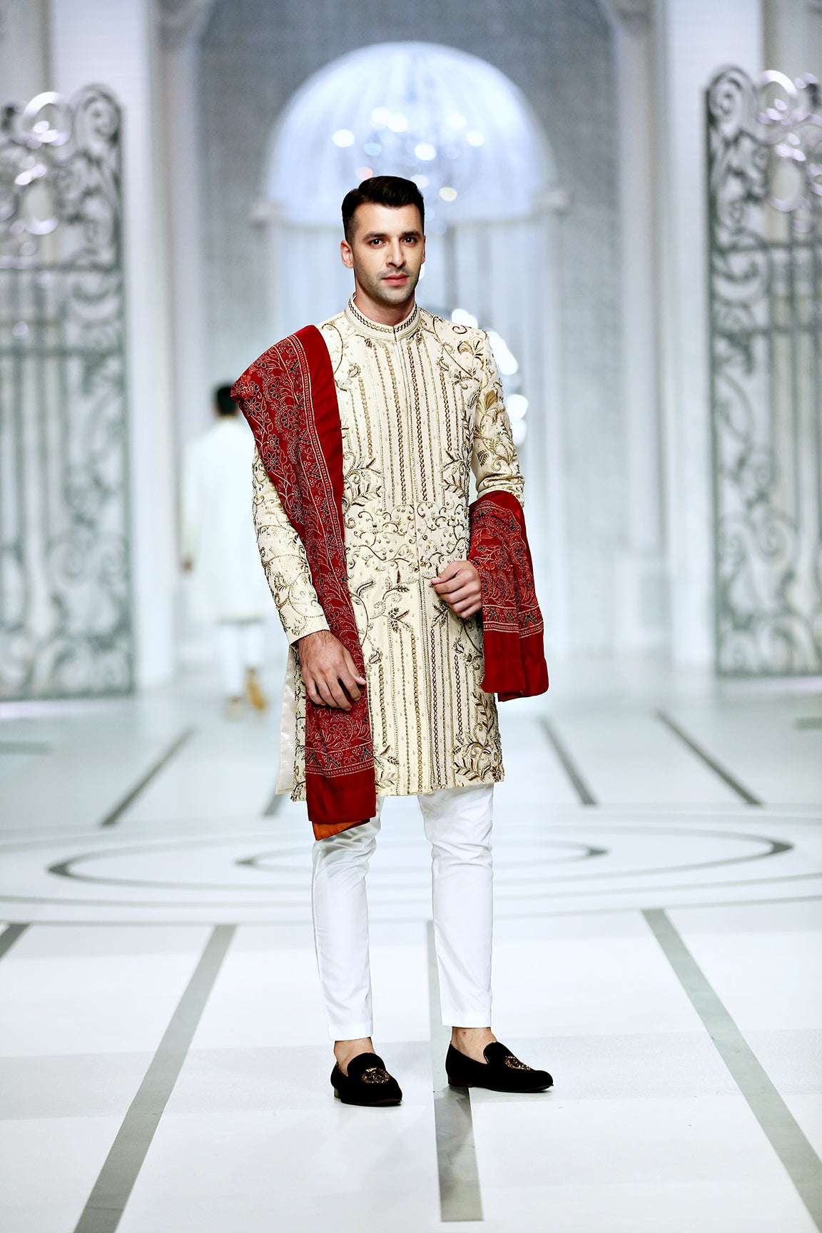 Ivory Gold Embroidered Silk-Blend Sherwani (3-Piece) - Image 4