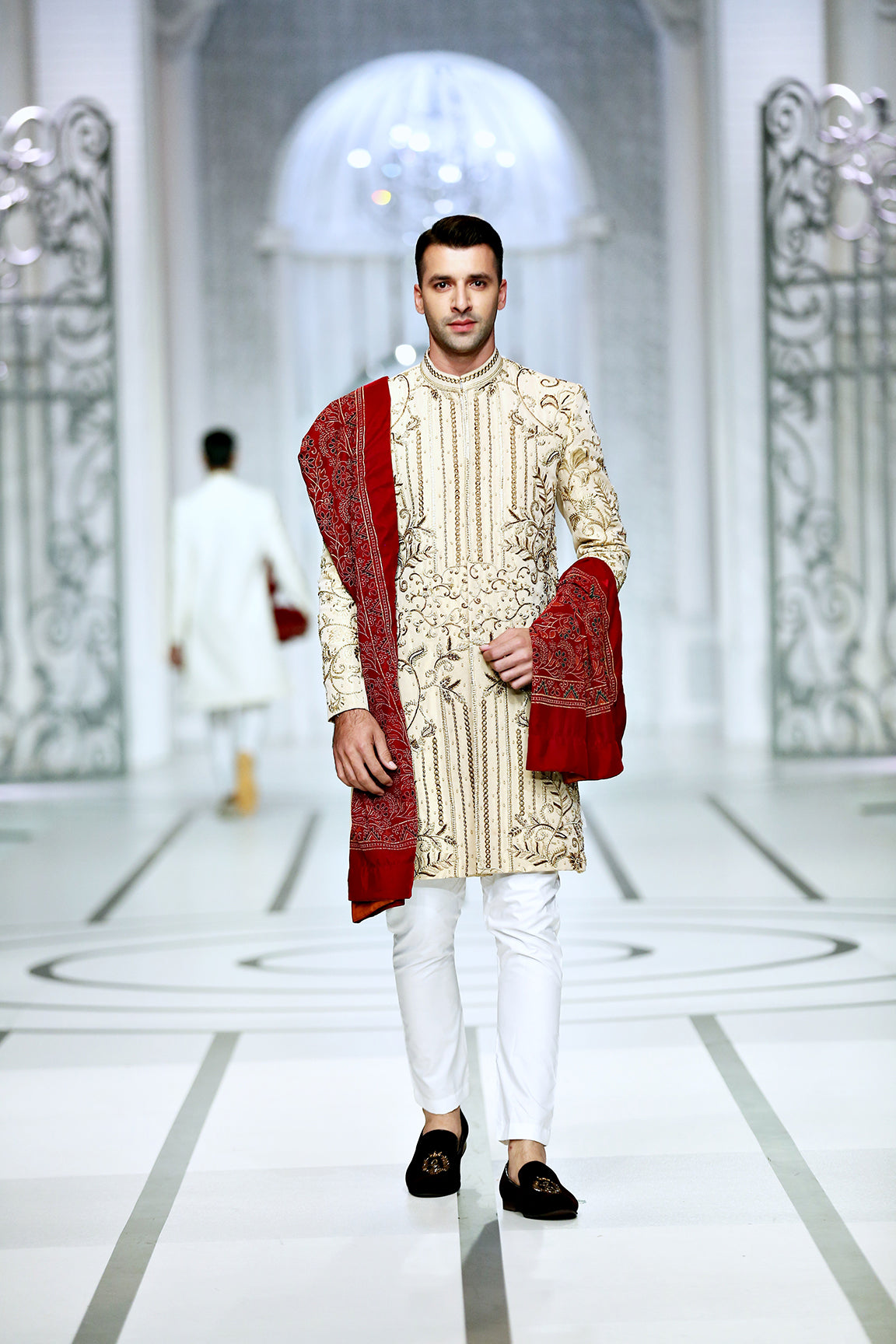 Ivory Gold Embroidered Silk-Blend Sherwani (3-Piece) - Image 5