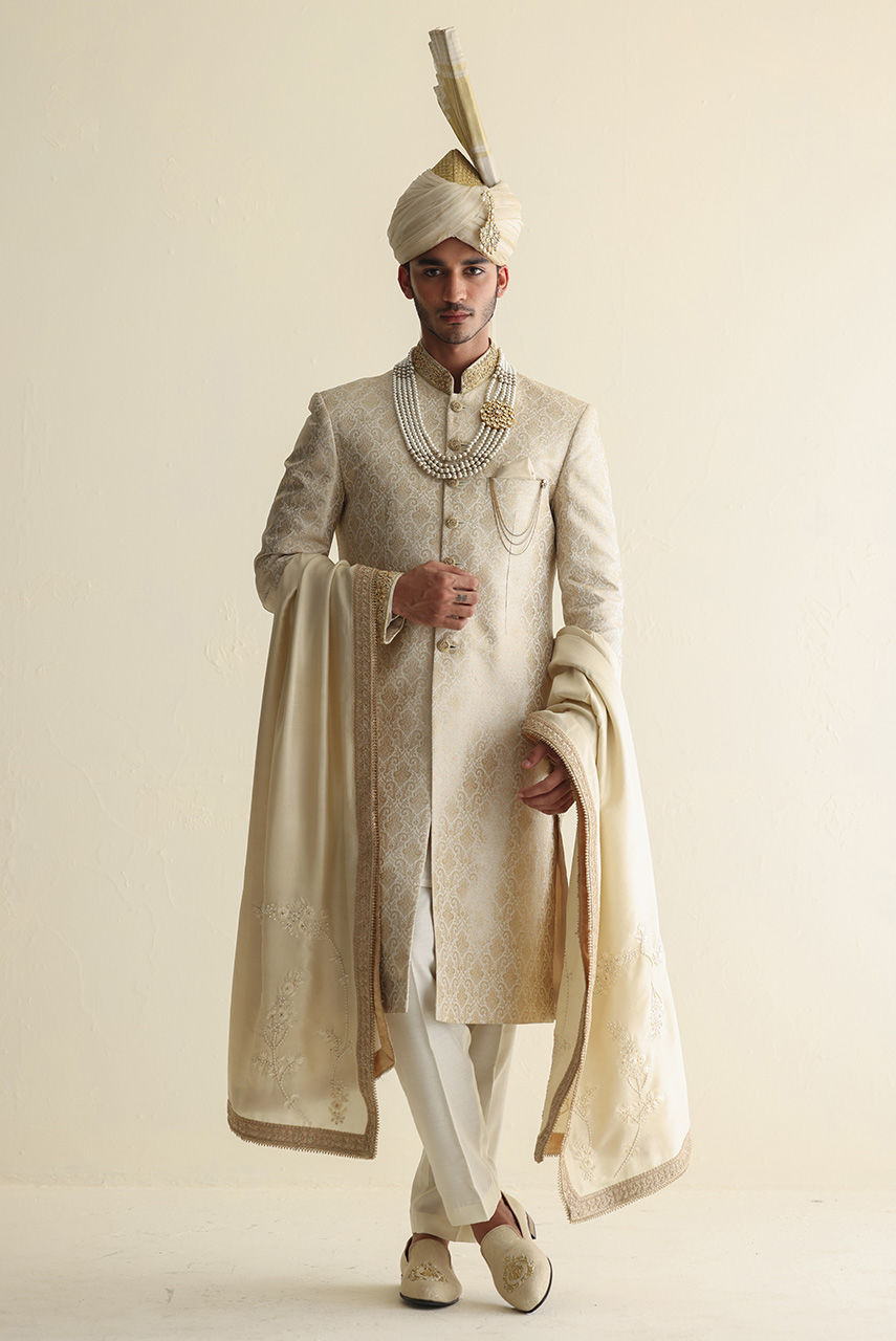 Off-White Hand-Embroidered Jamawar Sherwani (3-Piece) - Image 1