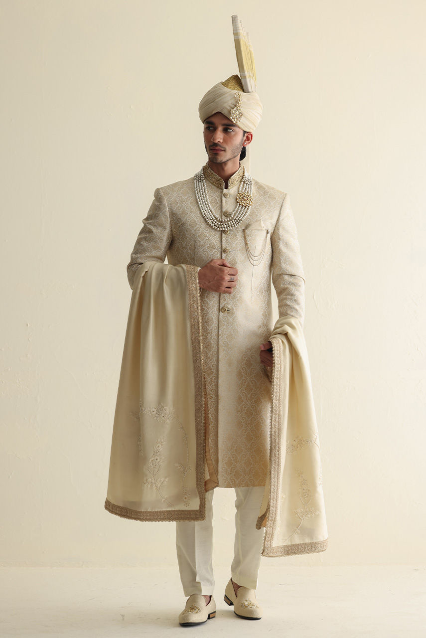 Off-White Hand-Embroidered Jamawar Sherwani (3-Piece) - Image 2