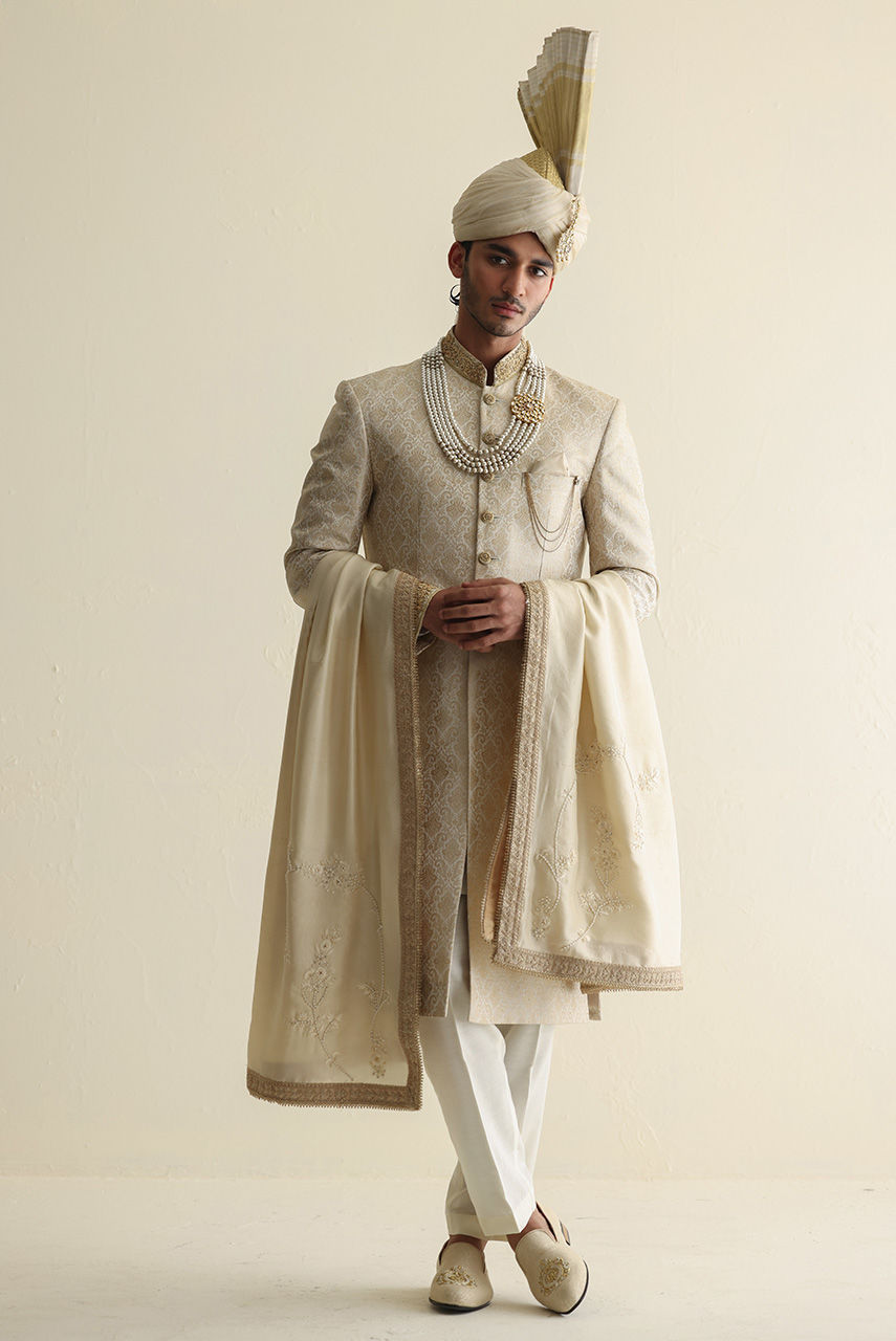Off-White Hand-Embroidered Jamawar Sherwani (3-Piece) - Image 3