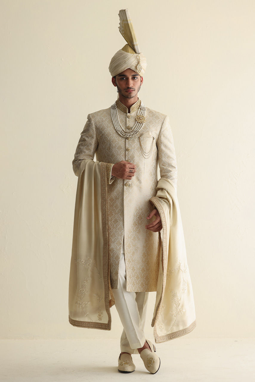 Off-White Hand-Embroidered Jamawar Sherwani (3-Piece) - Image 4