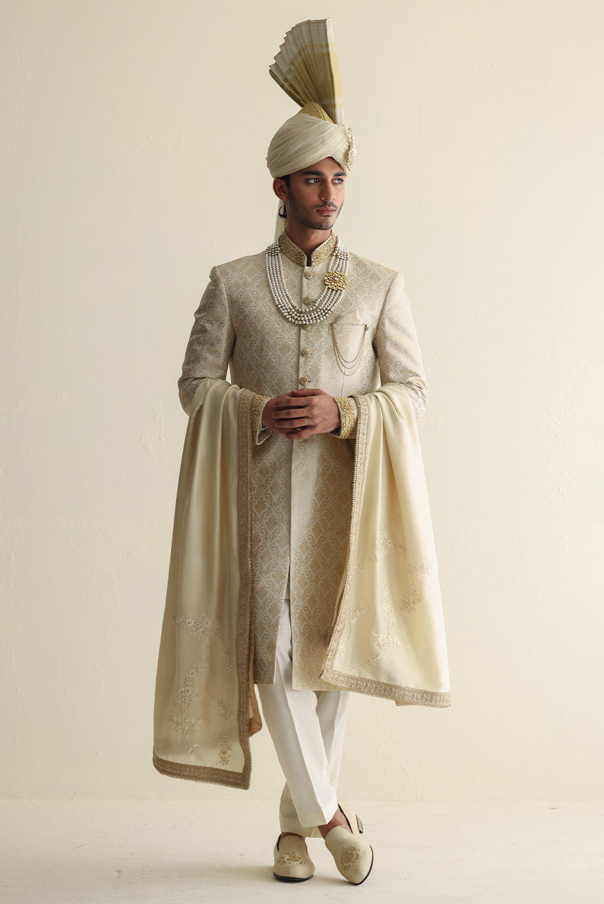 Off-White Hand-Embroidered Jamawar Sherwani (3-Piece) - Image 5