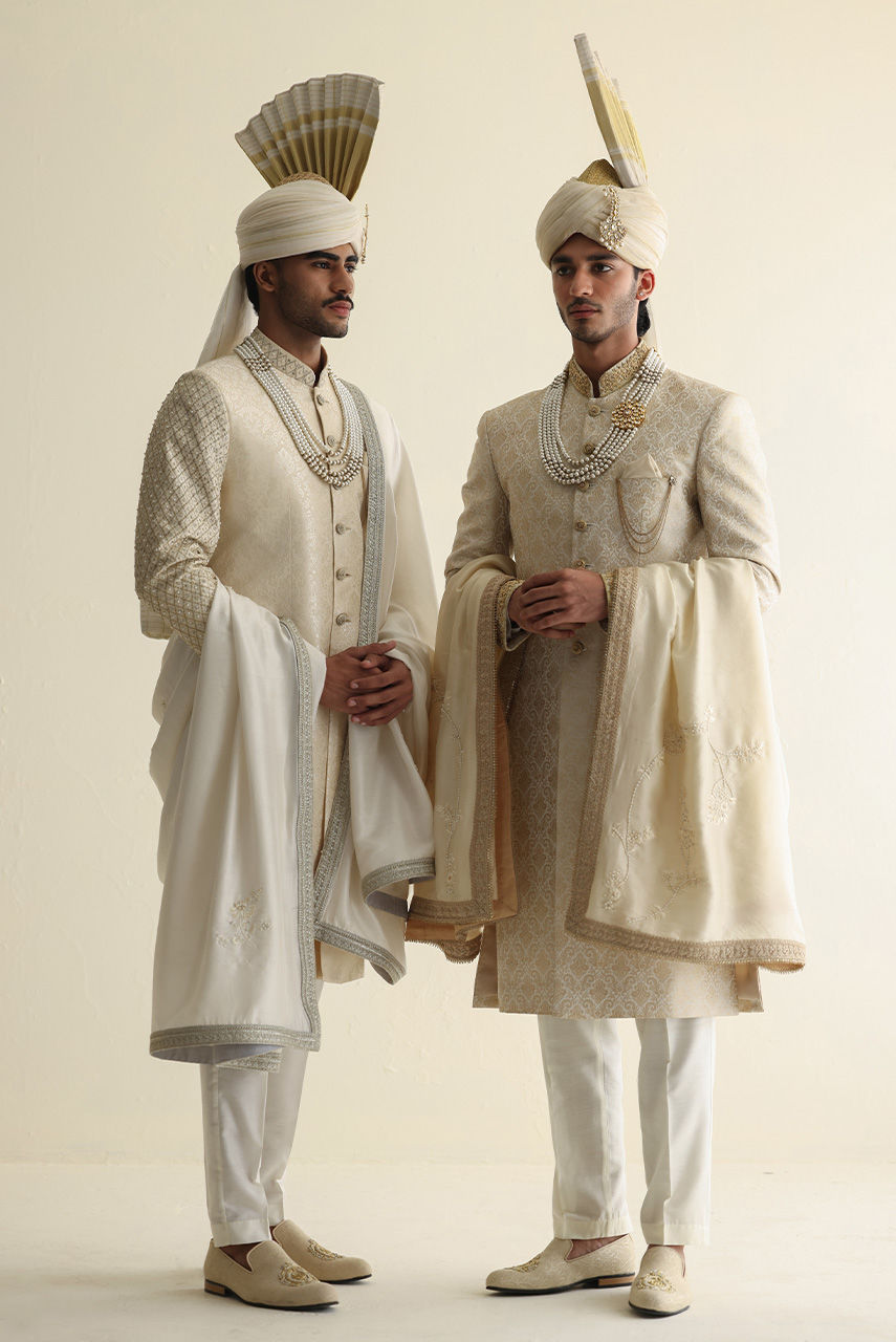 Off-White Hand-Embroidered Jamawar Sherwani (3-Piece) - Image 6