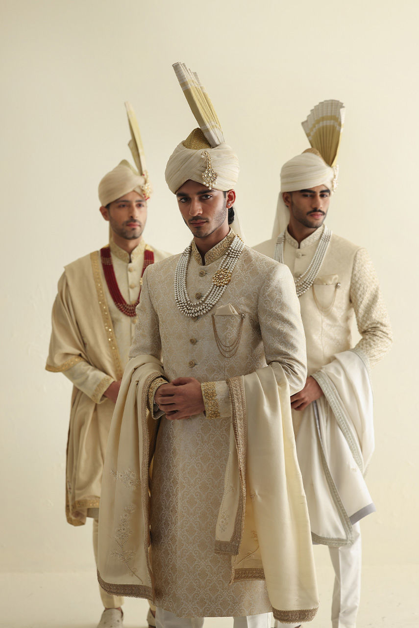 Off-White Hand-Embroidered Jamawar Sherwani (3-Piece) - Image 7