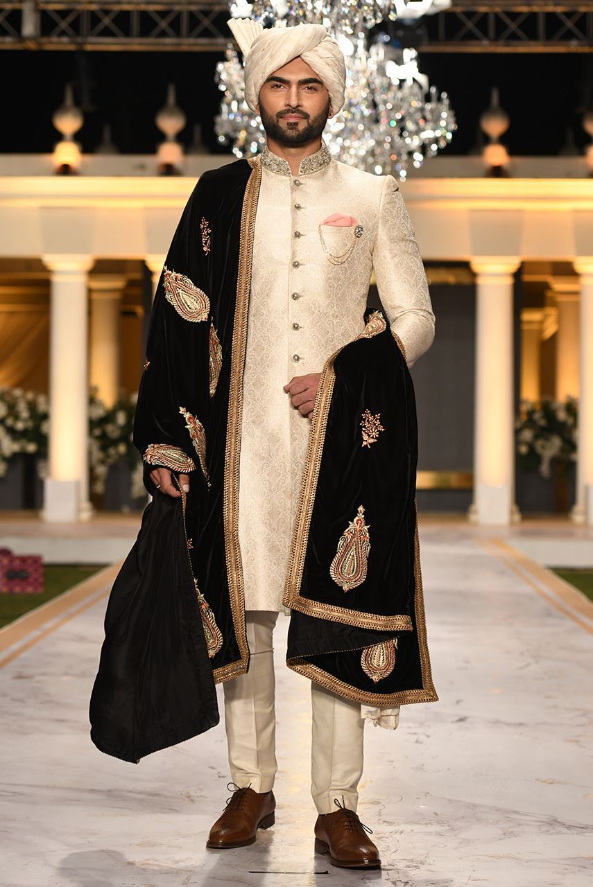 Off-White Hand-Embroidered Jamawar Groom Sherwani (3-Piece) - Image 1
