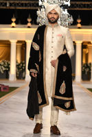 Off-White Hand-Embroidered Jamawar Groom Sherwani (3-Piece) - Image 4