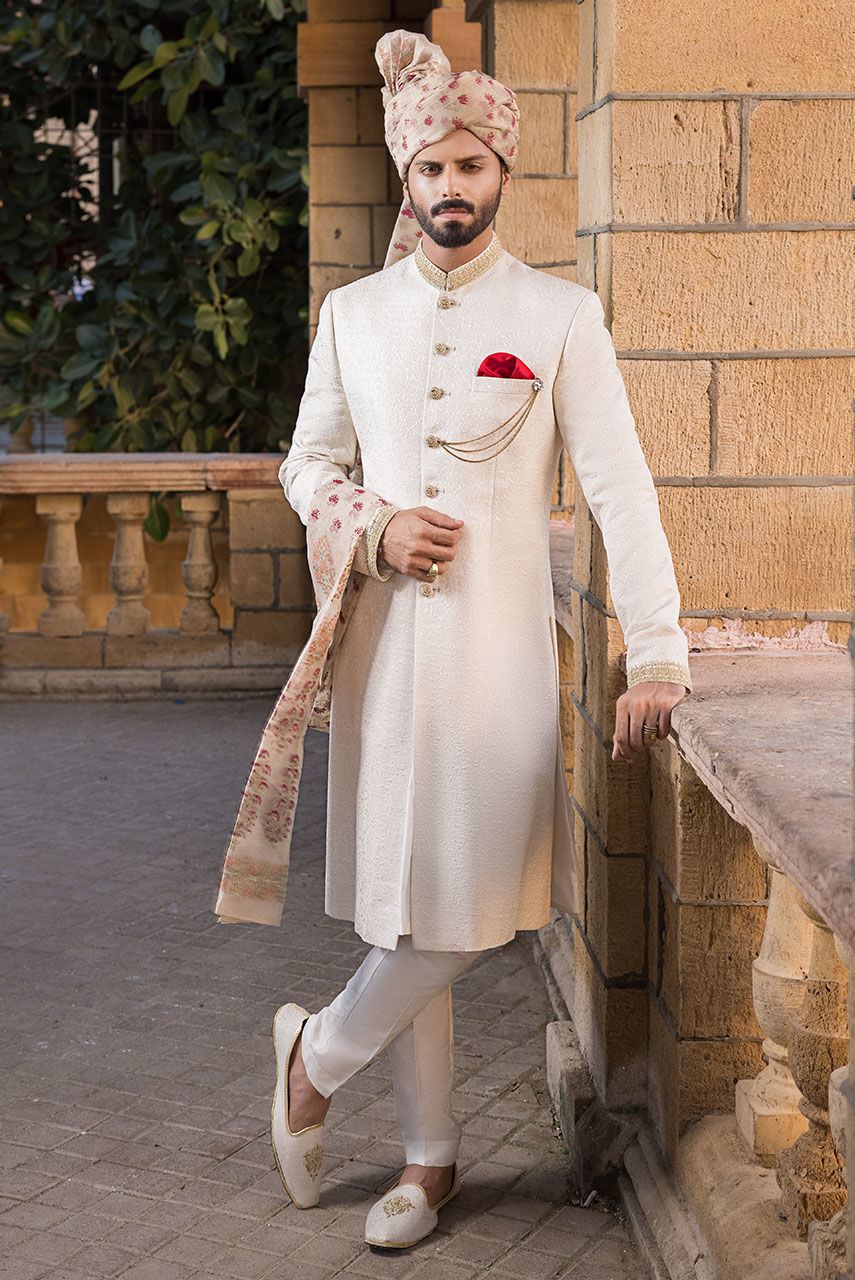 Off White Hand Embroidered Jamawar Sherwani (3-Piece) - Image 1
